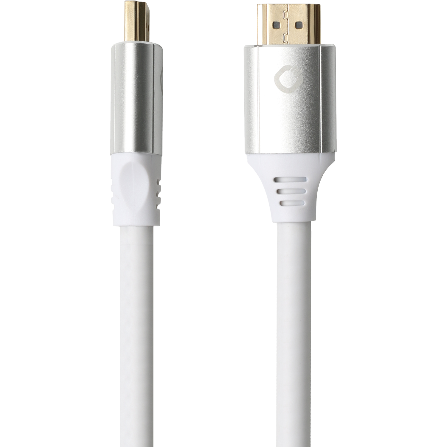 Zwei schwarze HDMI-Kabel mit goldfarbenen Steckern. Aufschrift Ultra High-Speed HDMI. Kabel nebeneinander auf weißem Hintergrund.