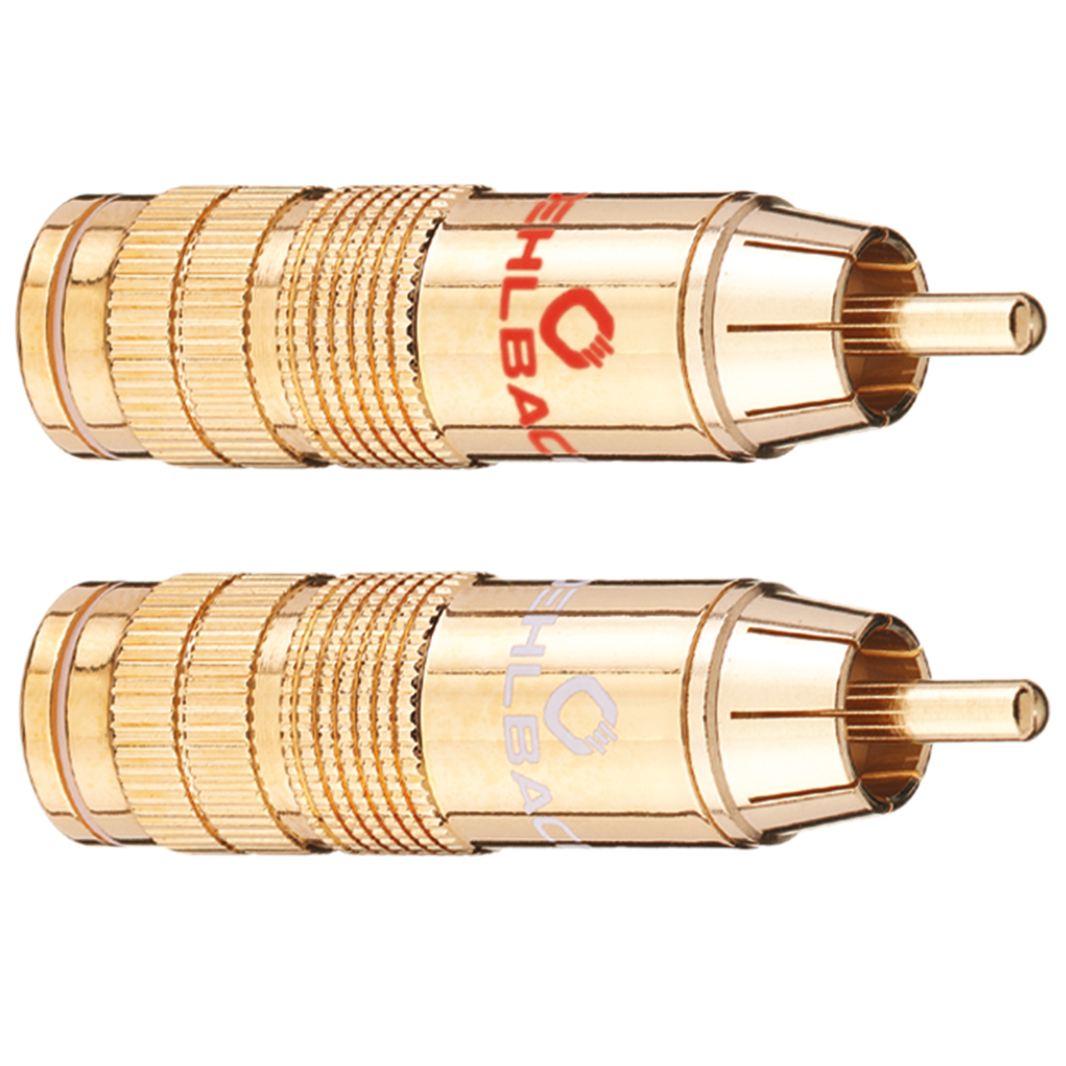Zwei silberne Cinch-Stecker mit rot-blauen Markierungen auf schwarzem Hintergrund Oehlbach-Logo unten rechts