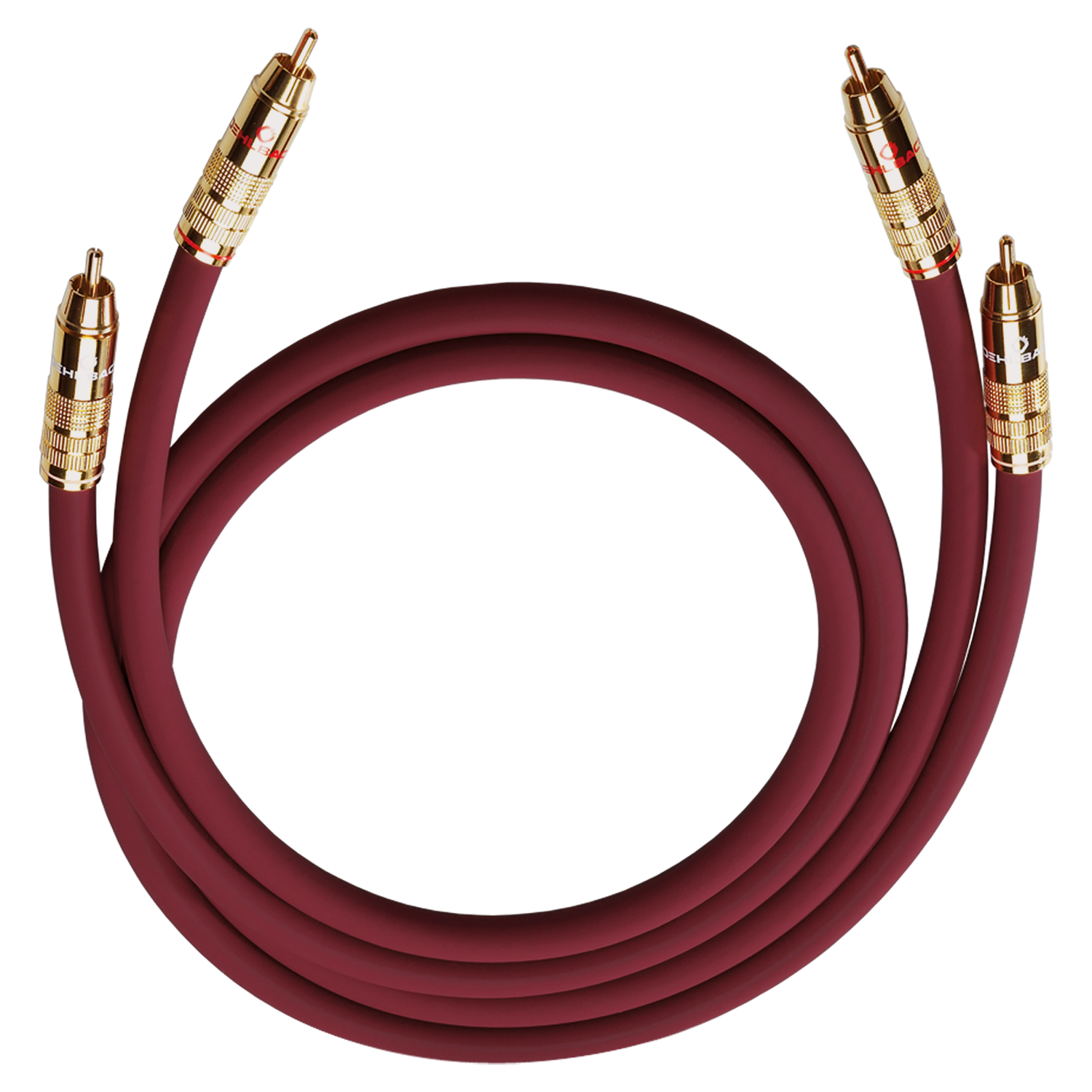 Zwei rote und zwei weiße NF Audio-Cinchkabel mit goldenen Steckern auf weißem Hintergrund. Aufschrift Oehlbach am Stecker.