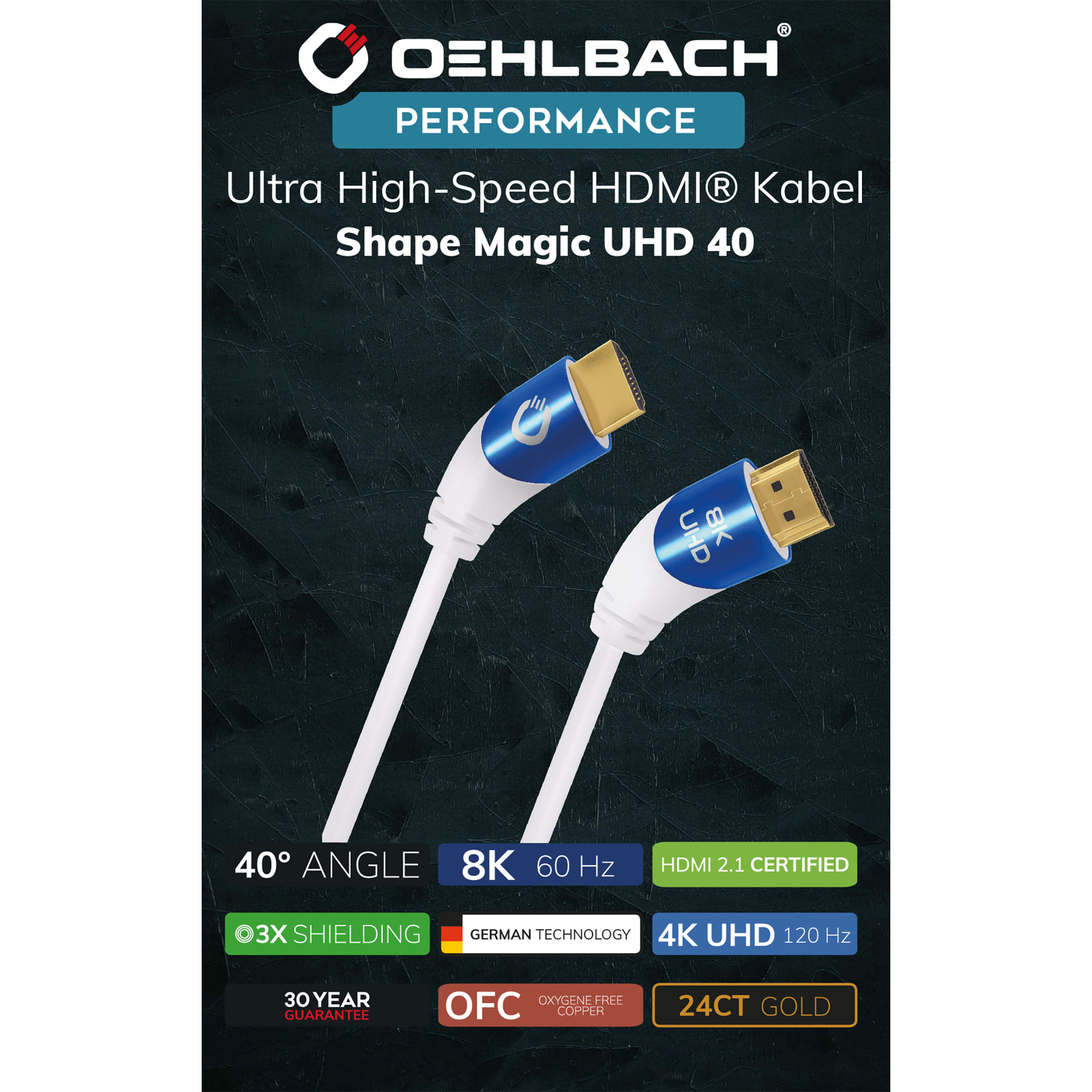 HDMI-Kabel mit Aufschrift Ultra High Speed Oehlbach Stecker goldfarben Kabel schwarz Hintergrund transparent