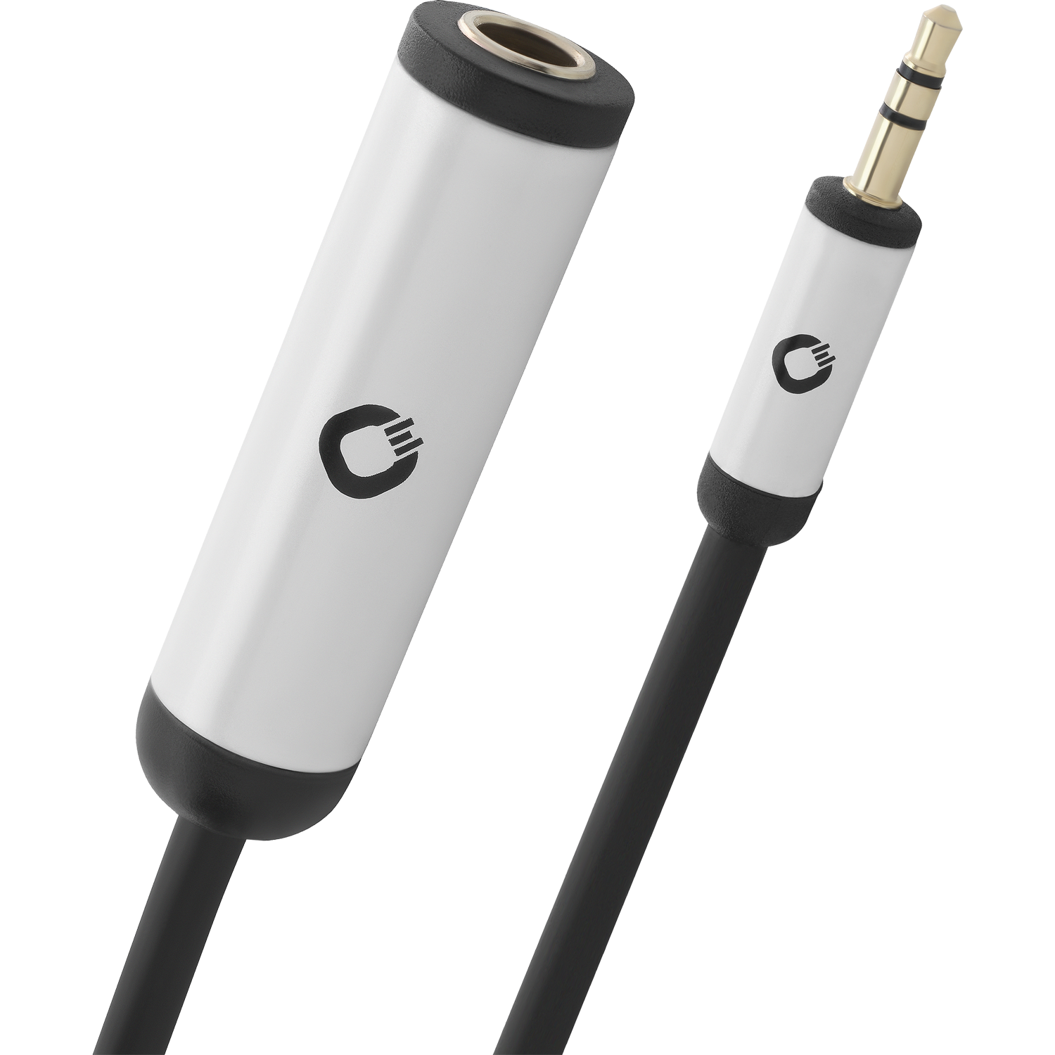 Klinke-Adapter Oehlbach Logo auf schwarzem Gerät mit goldfarbenem Anschluss links und grauem Kabel rechts