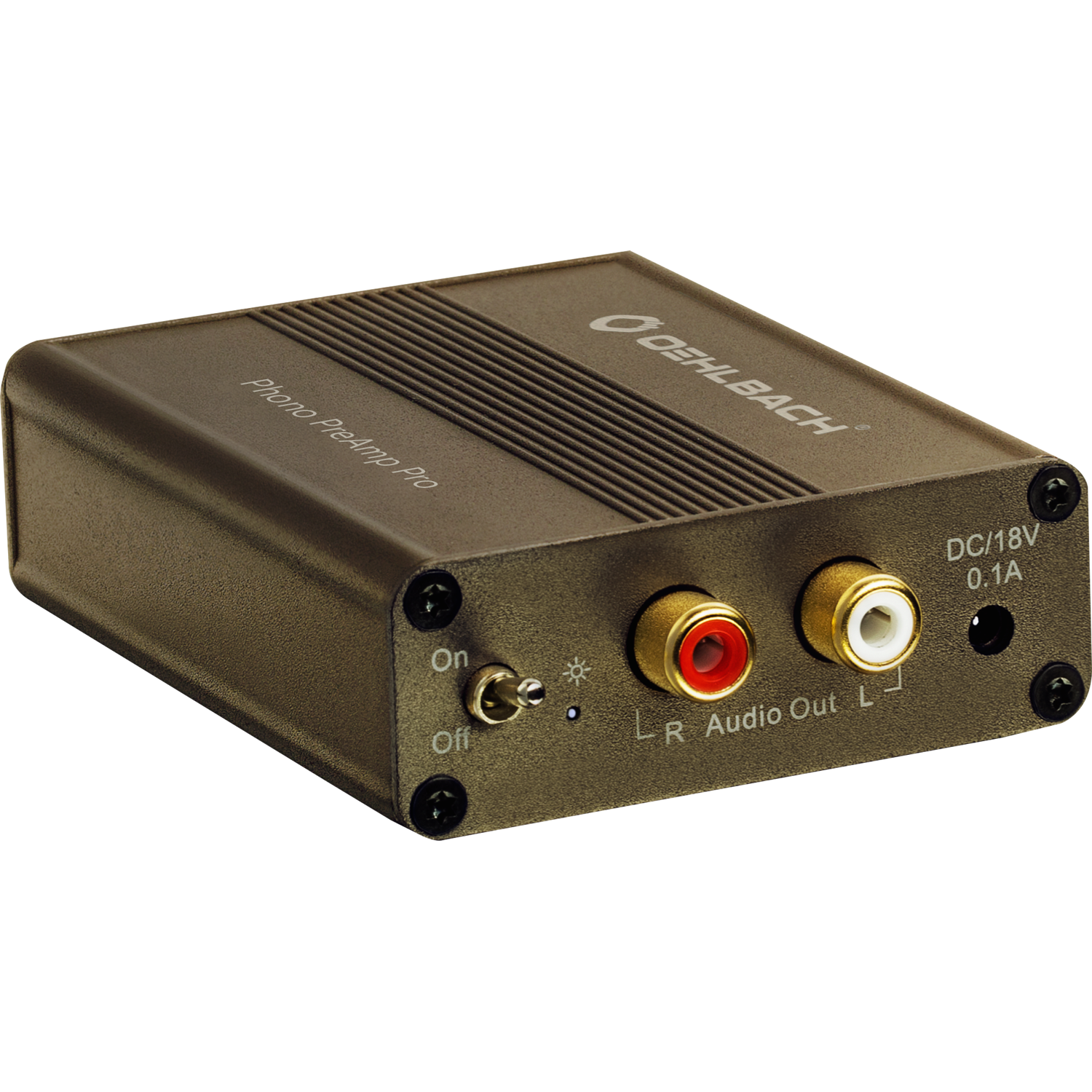 Phono-Vorverstärker für MM / MC von Oehlbach in Schwarz Aufschrift Phono PreAmp Pro Frontansicht mit Drehregler und Anschlüssen