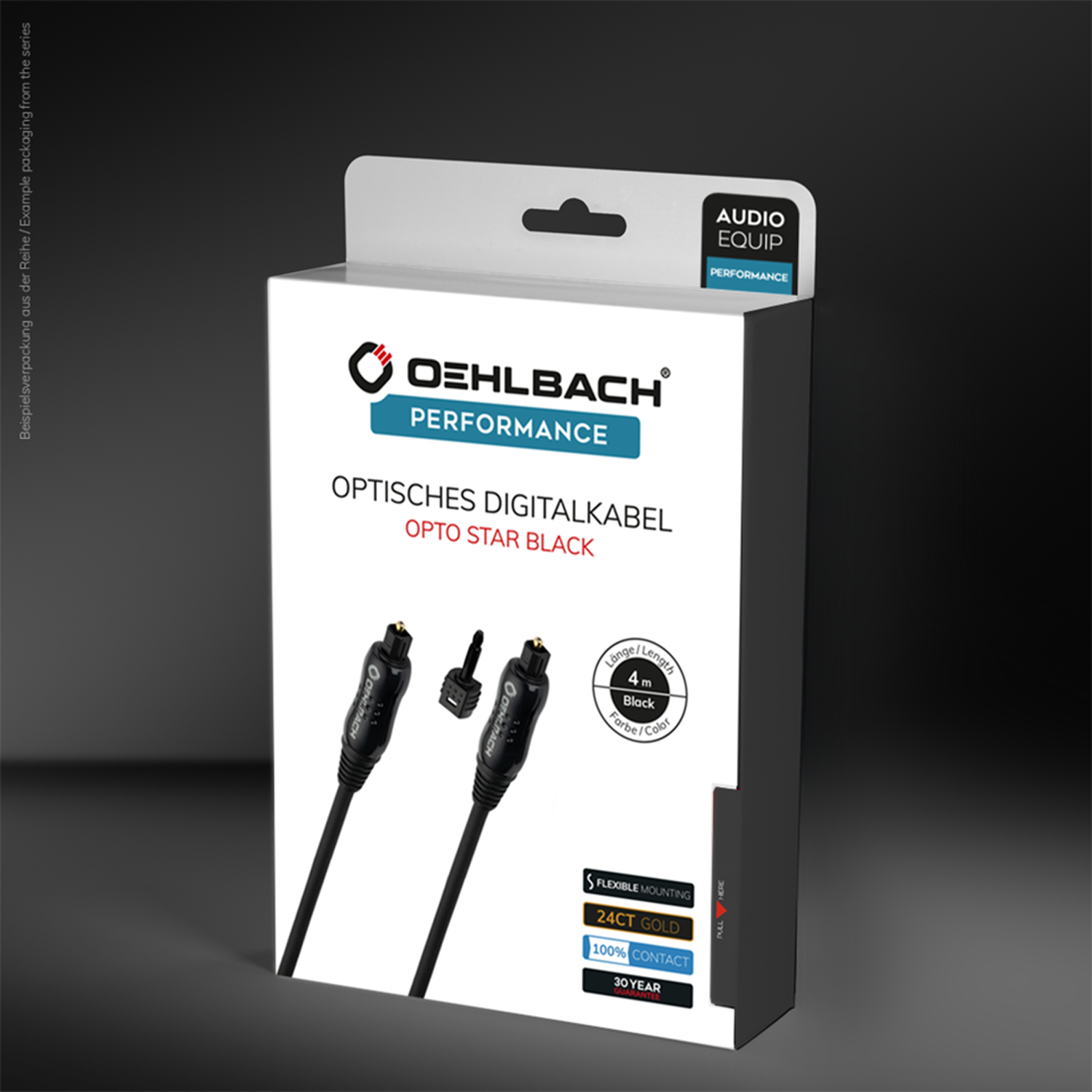Opto Star Black Optisches Digitalkabel Opto-Star Black 3D-Verpackung Oehlbach-Logo oben Kabelabbildung links Text Optisches Digitalkabel auf schwarzem Hintergrund