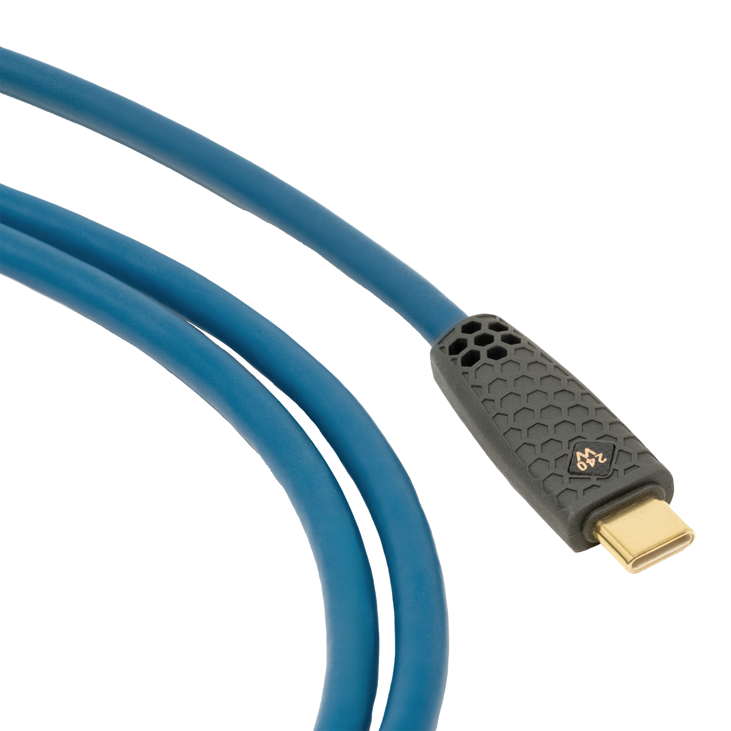 USB-C-Kabel mit schwarzem Stecker und blauer Ummantelung, Nahaufnahme
