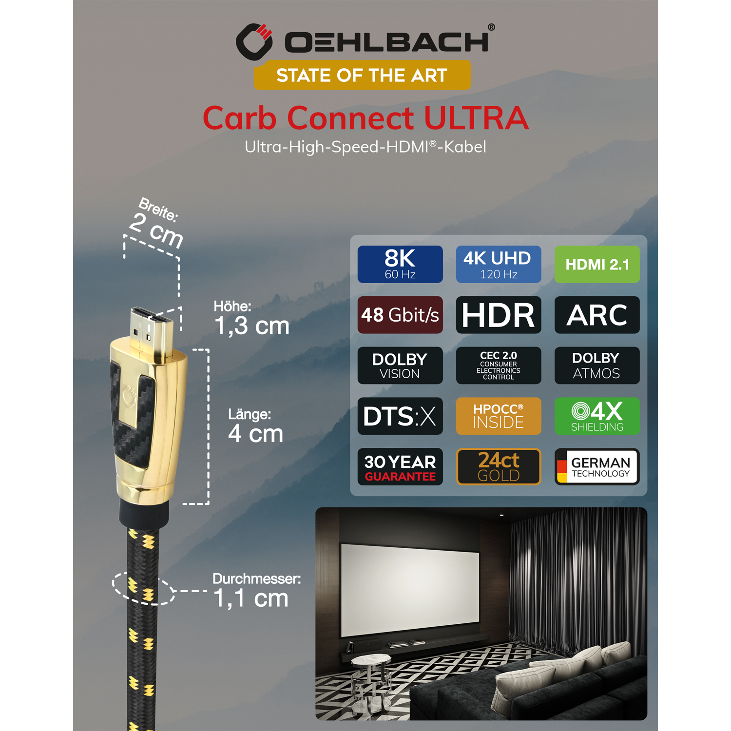 HDMI-Kabel mit Aufschrift High End 8K Ultra High-Speed HDMI Oehlbach silberne Stecker schwarzes Kabel vor weißem Hintergrund