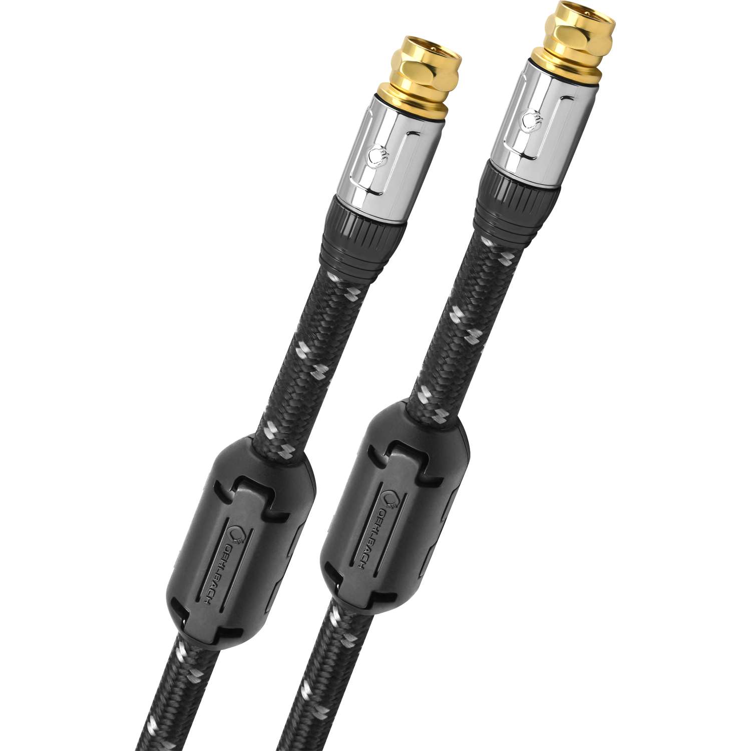 High End Satellitenkabel Oehlbach schwarz-weiß spiralförmig mit goldenen Steckern auf weißem Hintergrund