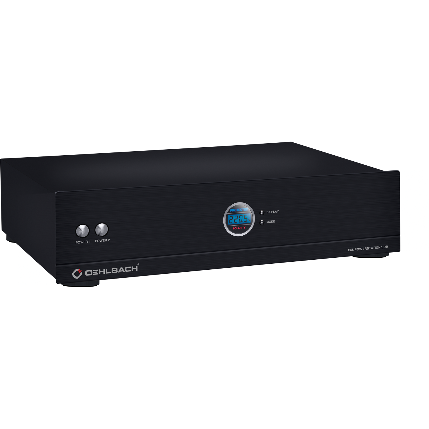 Powerstation 909 High-End Mehrfach-Steckdosenleiste mit Stromfilter und Display Schwarze Oehlbach Mehrfach-Steckdosenleiste mit sechs Buchsen Display links zeigt 230V Schalter oben links Kabel rechts