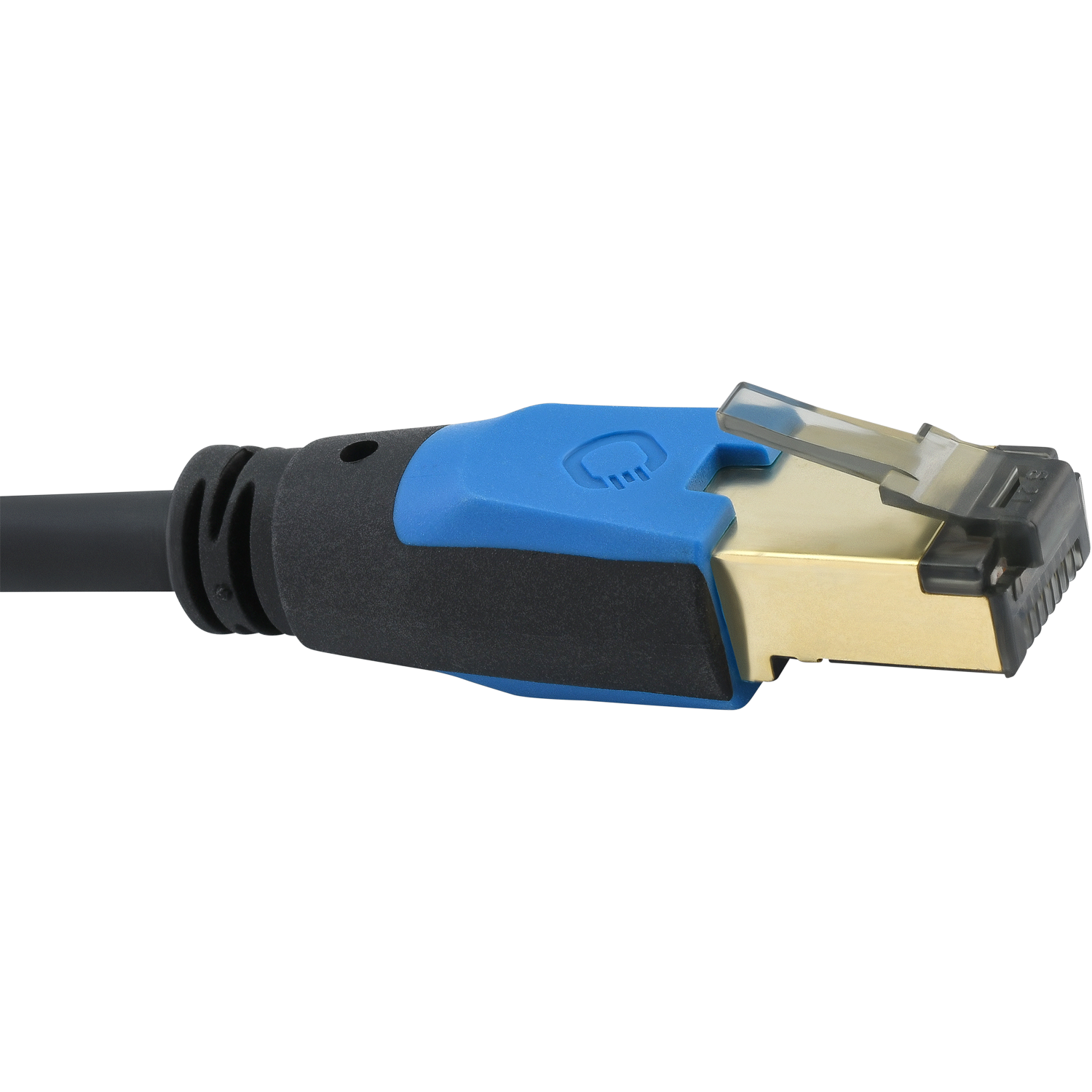 Schwarzes Kabel mit goldenen Steckern rechts neben Oehlbach-Logo und weißem Text Streaming Netzwerk Kabel Cat 8.1