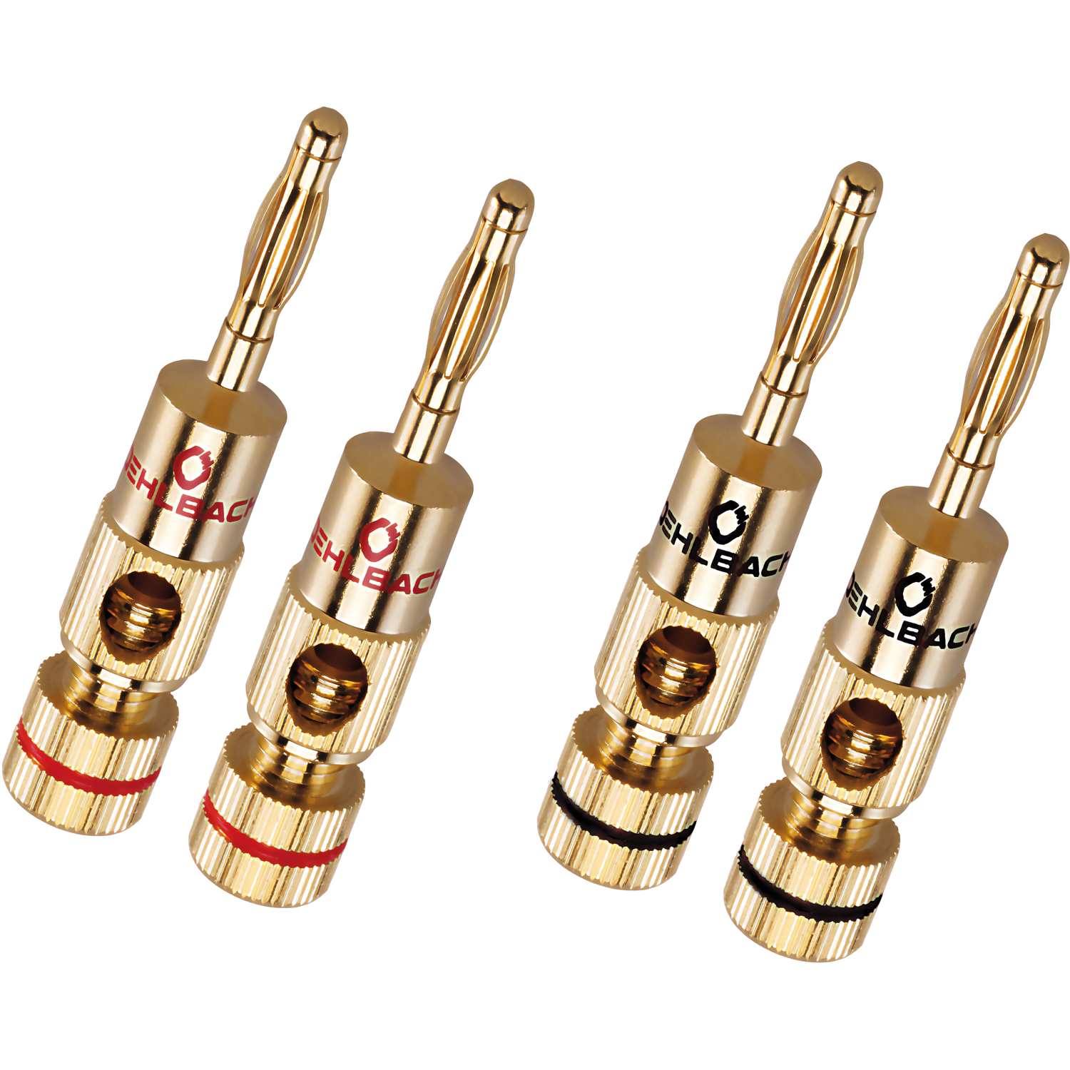 Bananen-Stecker Oehlbach goldener Kontakt schwarzer Griff rote und schwarze Markierungen auf weißem Hintergrund