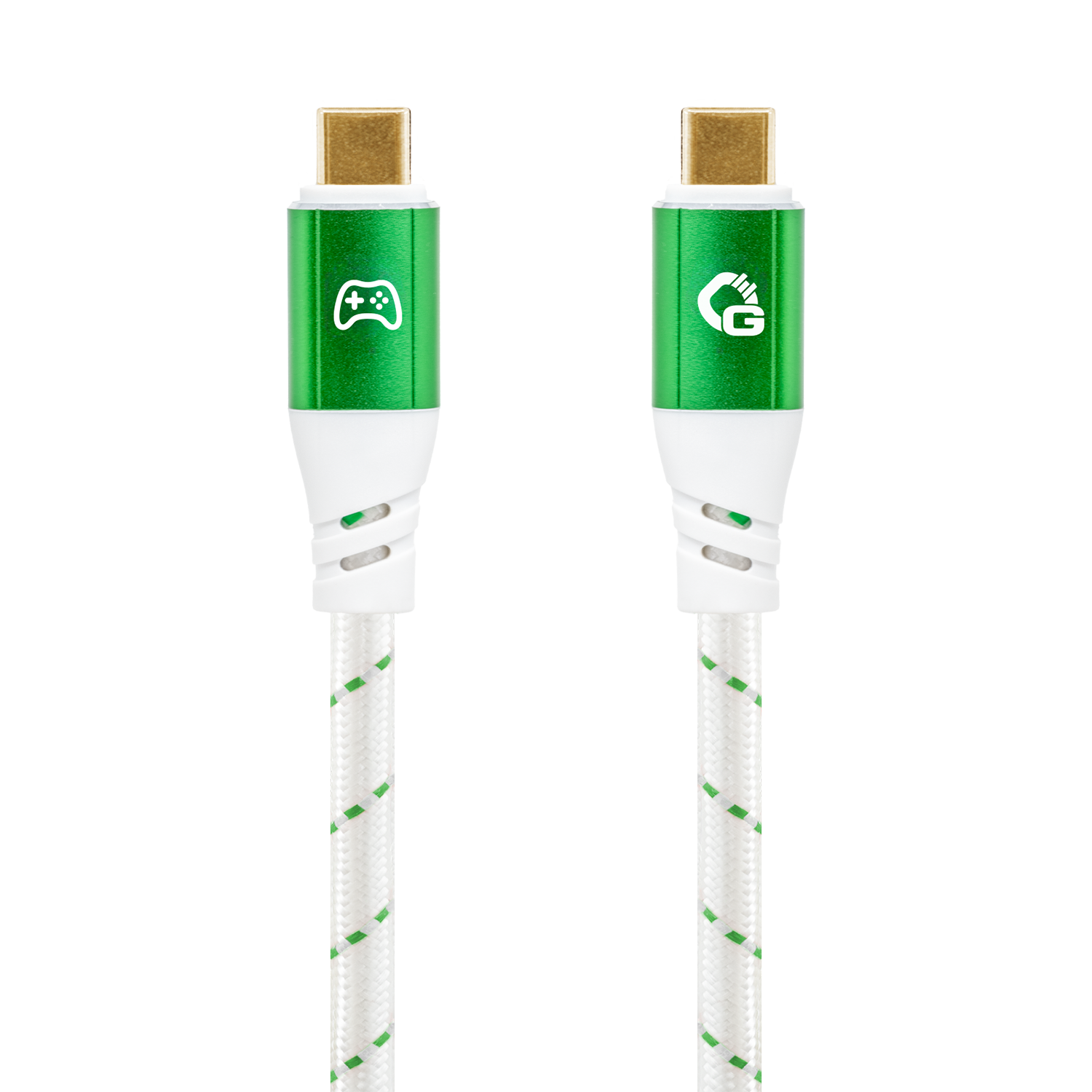 USB-C- auf USB-C-Kabel mit grünen Steckern, Symbolen für Gaming