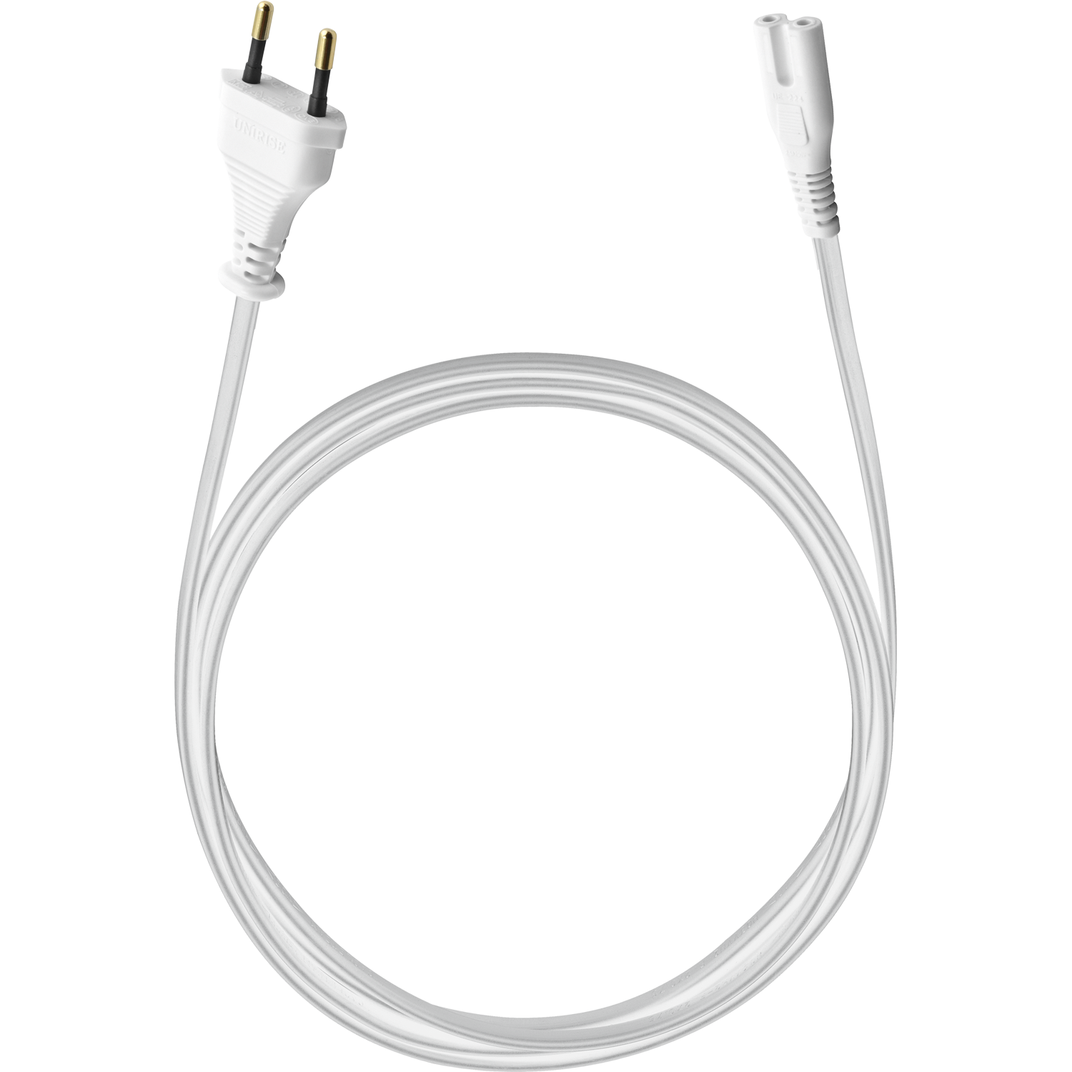 Powercord C7 Wertiges Netzkabel mit Euro-Flachstecker Netzkabel mit Euro-Flachstecker links und C7-Buchse rechts auf weißem Hintergrund