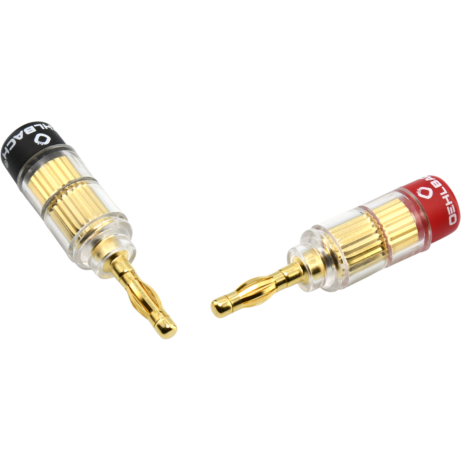 Solution Banana Banana-Verbinder für Lautsprecher Zwei silberne Banana-Verbinder für Lautsprecher Oehlbach nebeneinander auf weißem Hintergrund