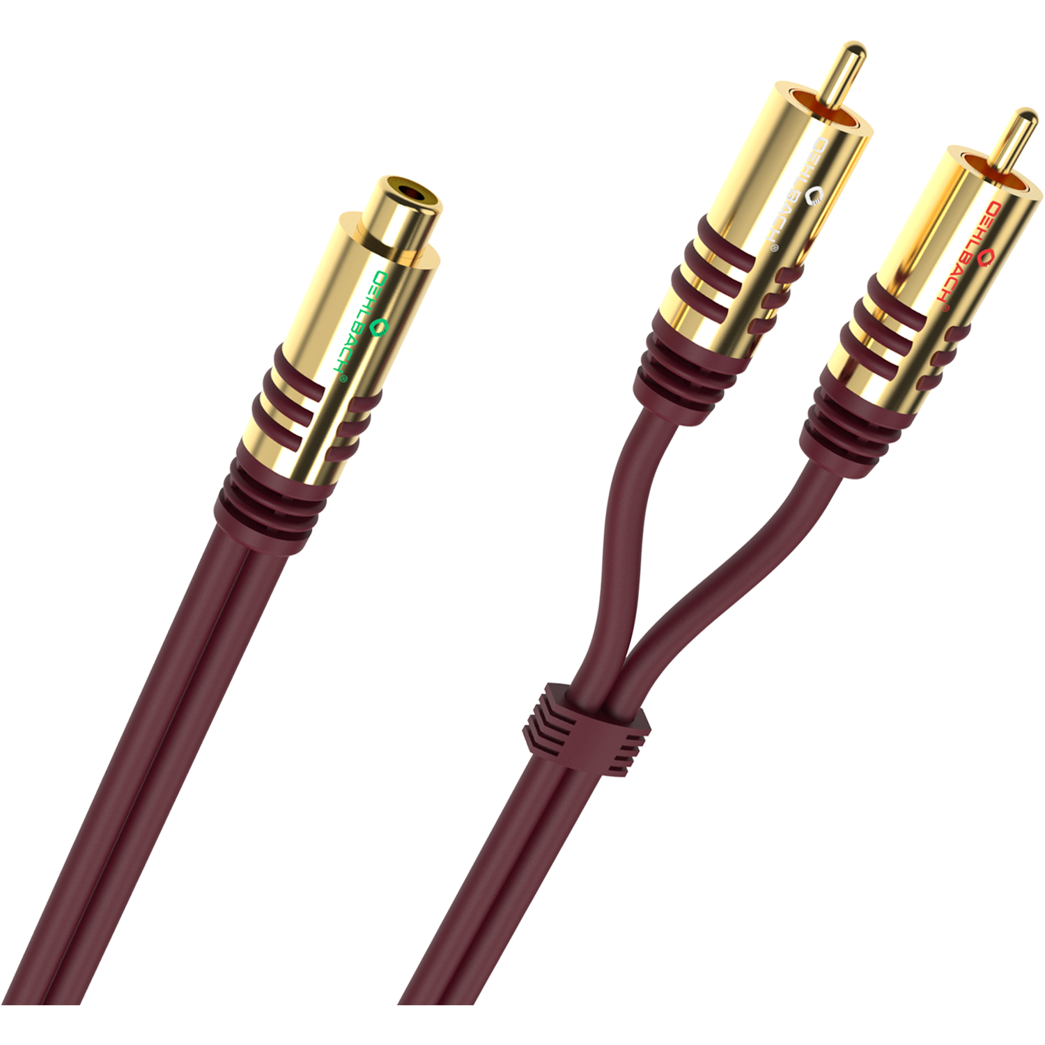 Y-Adapter Cinch weiblich auf 2x Cinch Oehlbach Produkt goldene Anschlüsse schwarzes Kabel Hintergrund weiß