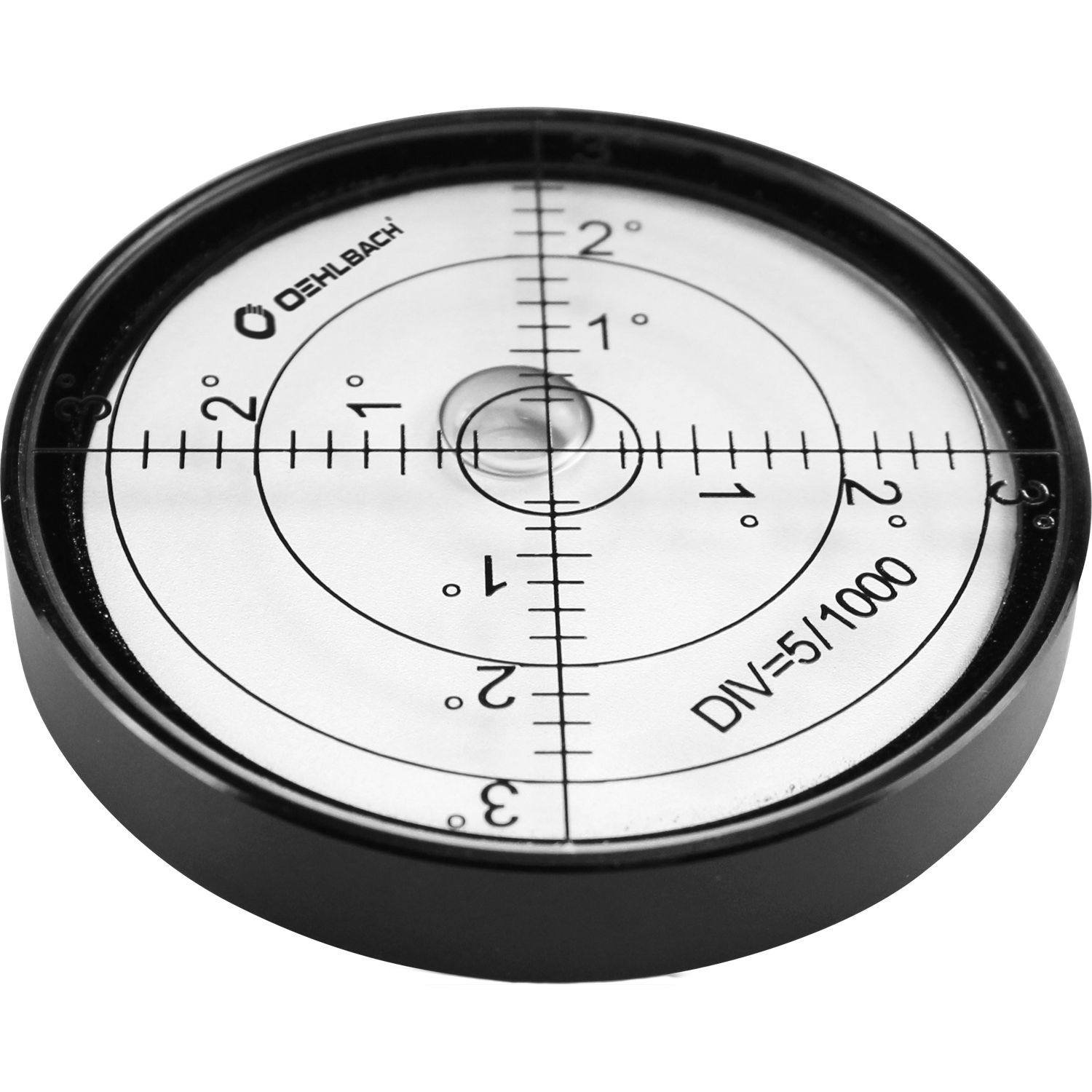 Libelle Oehlbach Balance Checker Light schwarz mit Wasserwaage mittig und silbernem Oehlbach Logo oben links auf grauem Hintergrund