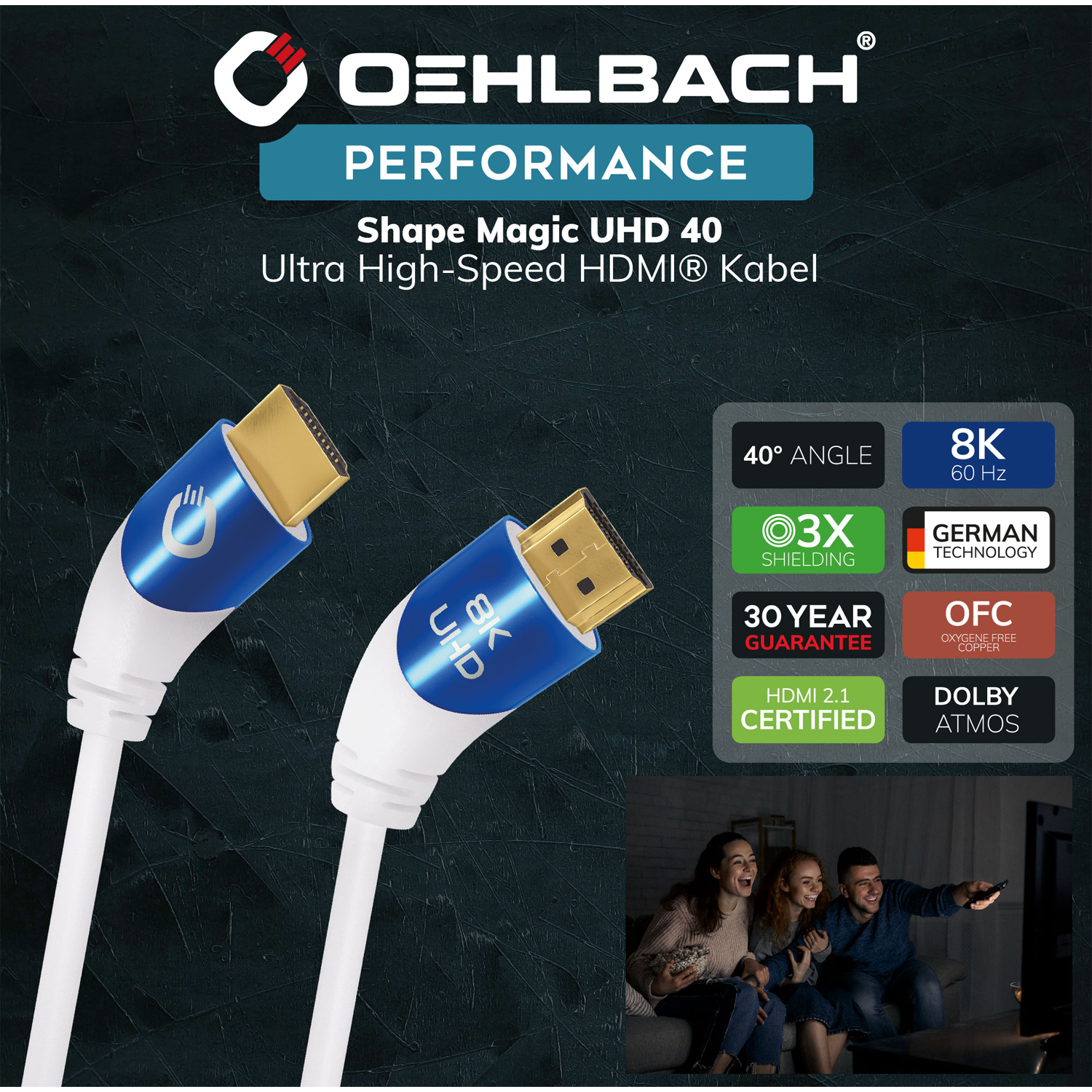 Ultra High-Speed HDMI Kabel Oehlbach schwarz goldene Stecker Aufschrift Ultra High Speed HDMI rechts neben Kabel