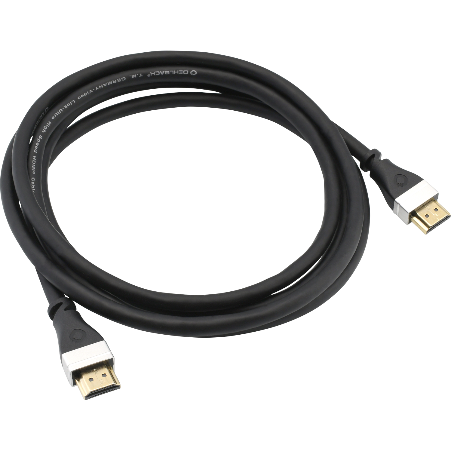 HDMI-Kabel mit Aufschrift 8K Ultra High Speed Oehlbach auf schwarzem Hintergrund Kabel horizontal zentriert