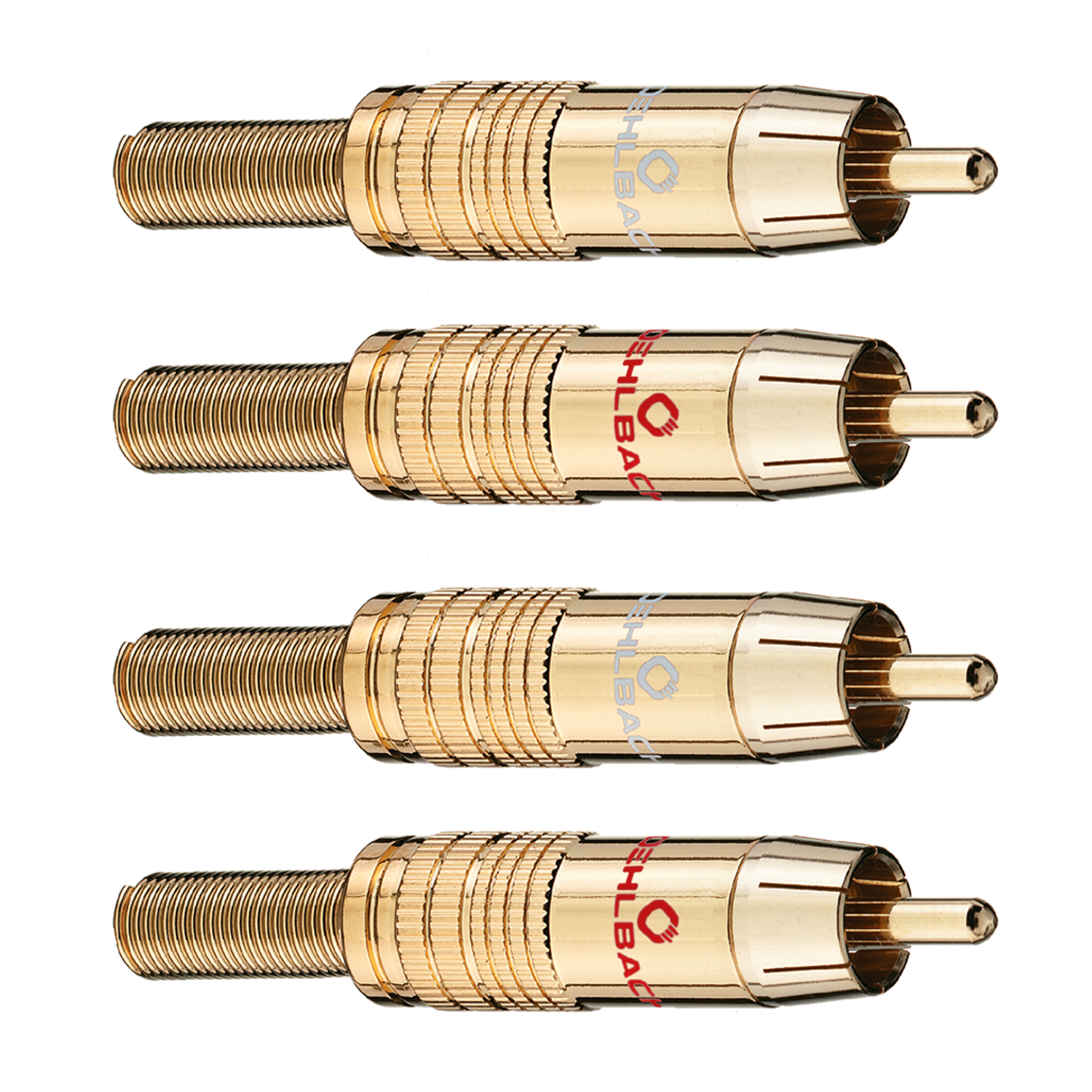 Cinch-Stecker Oehlbach Produkt goldfarbene Kontakte schwarzes Gehäuse vier Stecker nebeneinander auf weißem Hintergrund