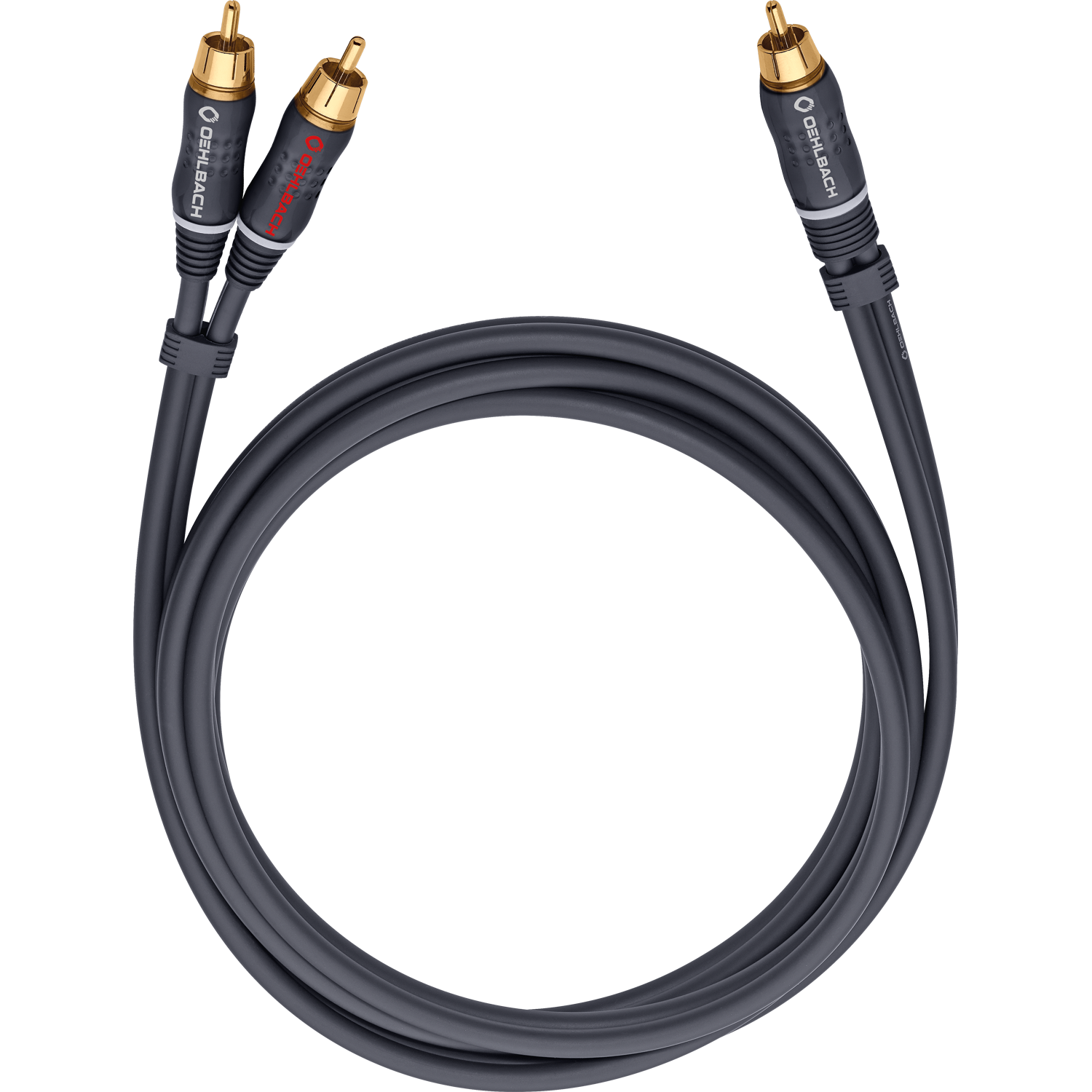 Subwoofer Y-Cinch-Kabel Oehlbach schwarzes Kabel mit zwei roten und einem weißen Stecker auf weißem Hintergrund
