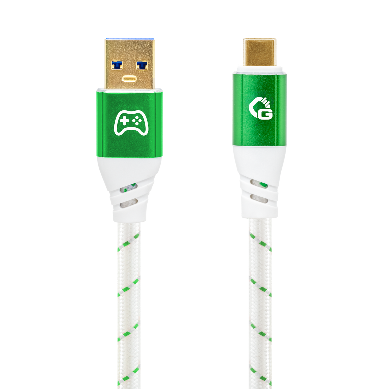 USB-A- auf USB-C-Kabel mit grünen Steckern, Symbolen für Gaming
