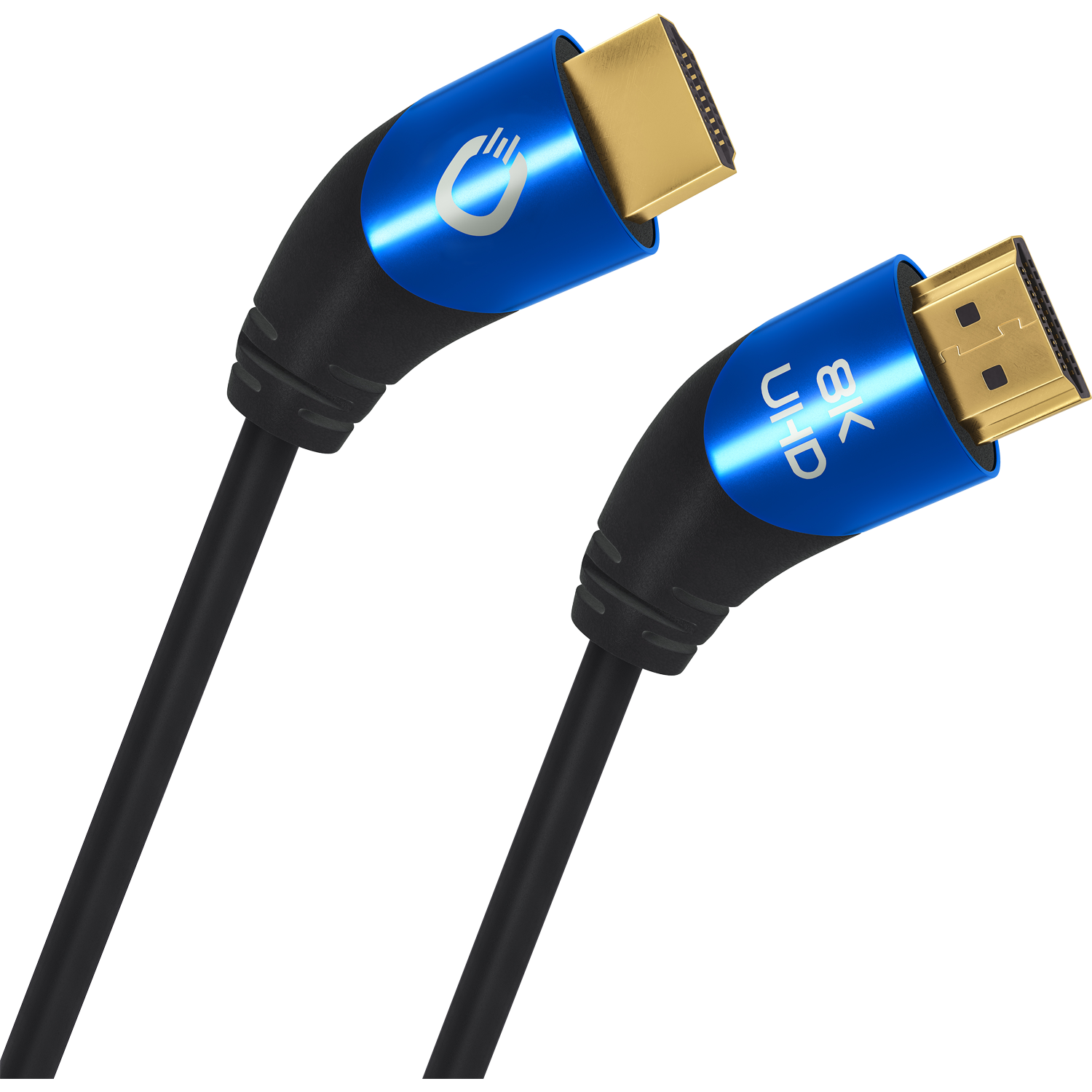 HDMI-Kabel links mit Aufschrift Ultra High Speed Oehlbach-Logo oben rechts auf weißem Hintergrund