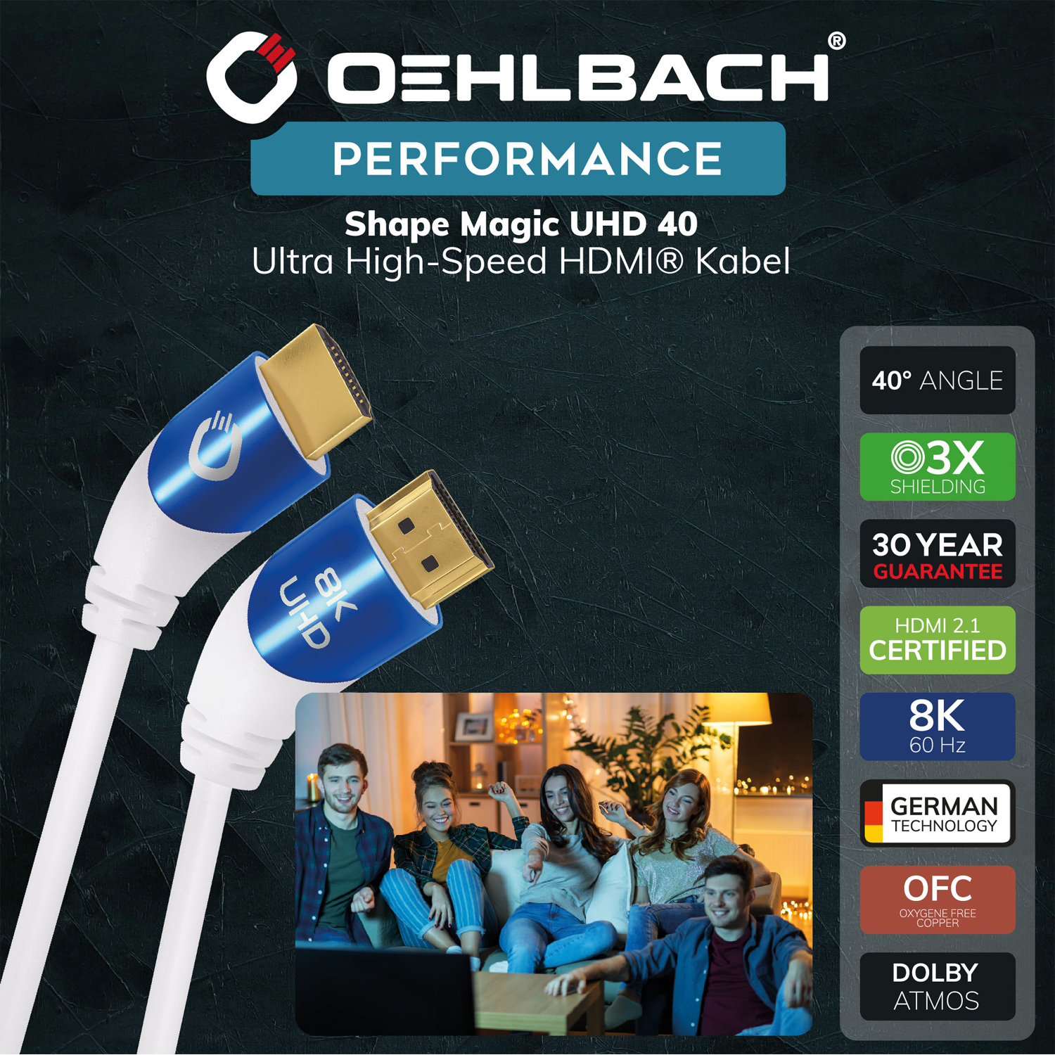 HDMI-Kabel mit Aufschrift Ultra High Speed Oehlbach Logo links Kabel in schwarzer Farbe mit goldenen Steckern