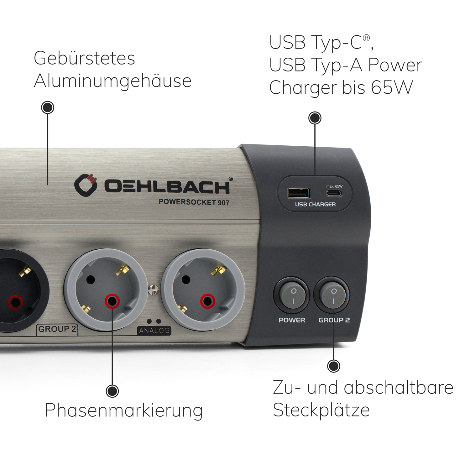 Hochwertige HiFi-Netzleiste Oehlbach Bild zeigt schwarze Netzleiste mit sechs Steckplätzen daneben blauer Netzschalter und Logo