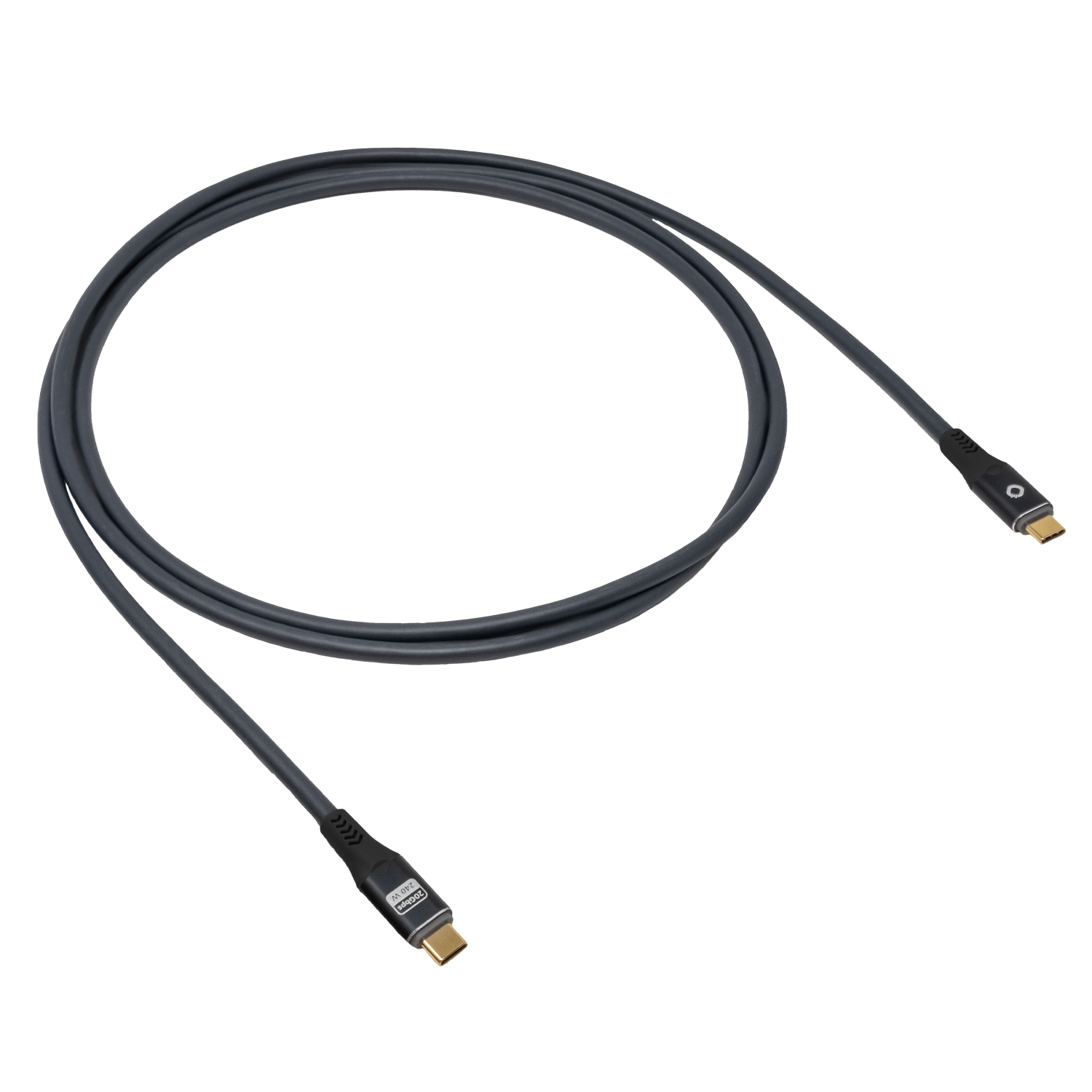 USB TYPE-C® Kabel Oehlbach schwarz grau mit geflochtenem Design und goldfarbenen Steckern auf weißem Hintergrund