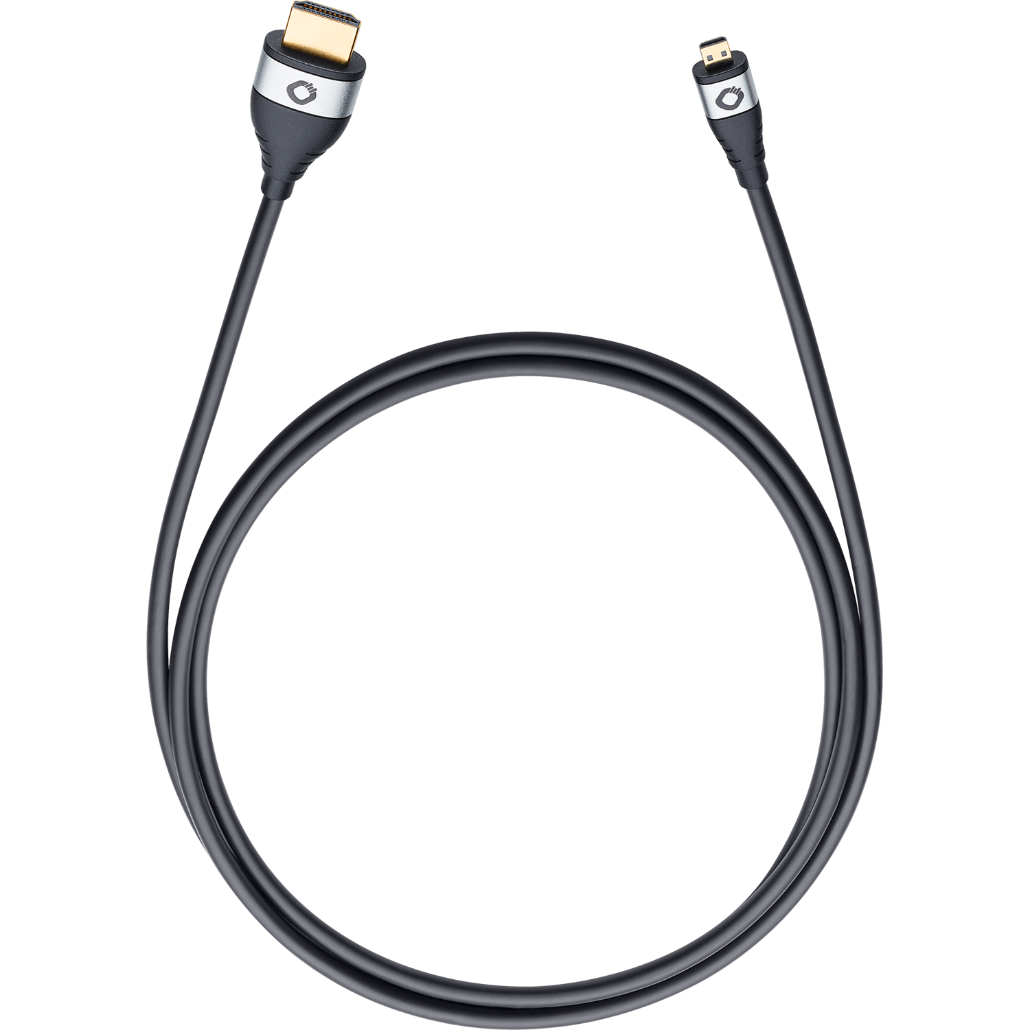 HDMI-Kabel mit schwarzem Stecker links und Micro-HDMI-Stecker rechts Aufschrift i-Connect HS Oehlbach weißer Hintergrund