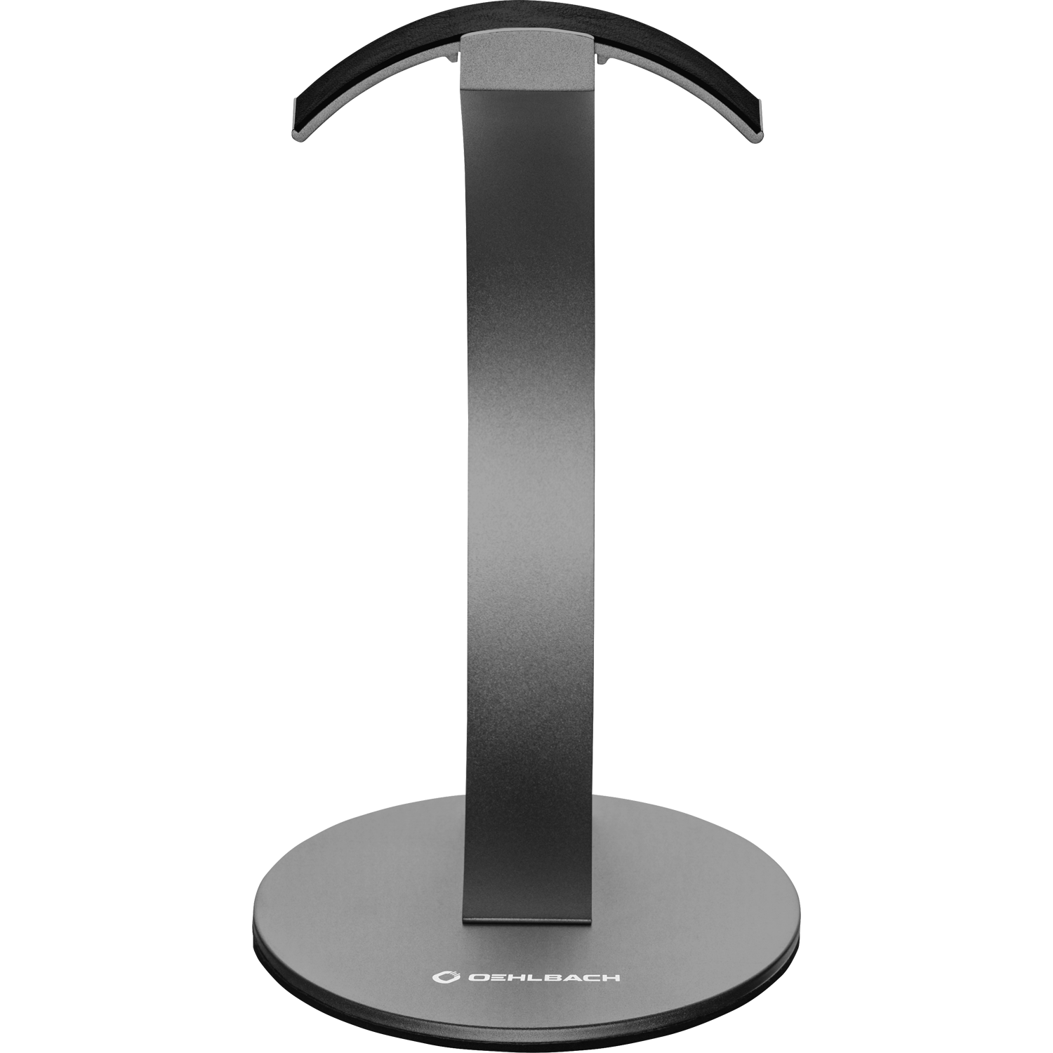 Alu Style Kopfhörerständer aus Aluminium Kopfhörerständer aus Aluminium freistehend auf weißem Hintergrund mit Oehlbach-Logo unten in der Mitte.