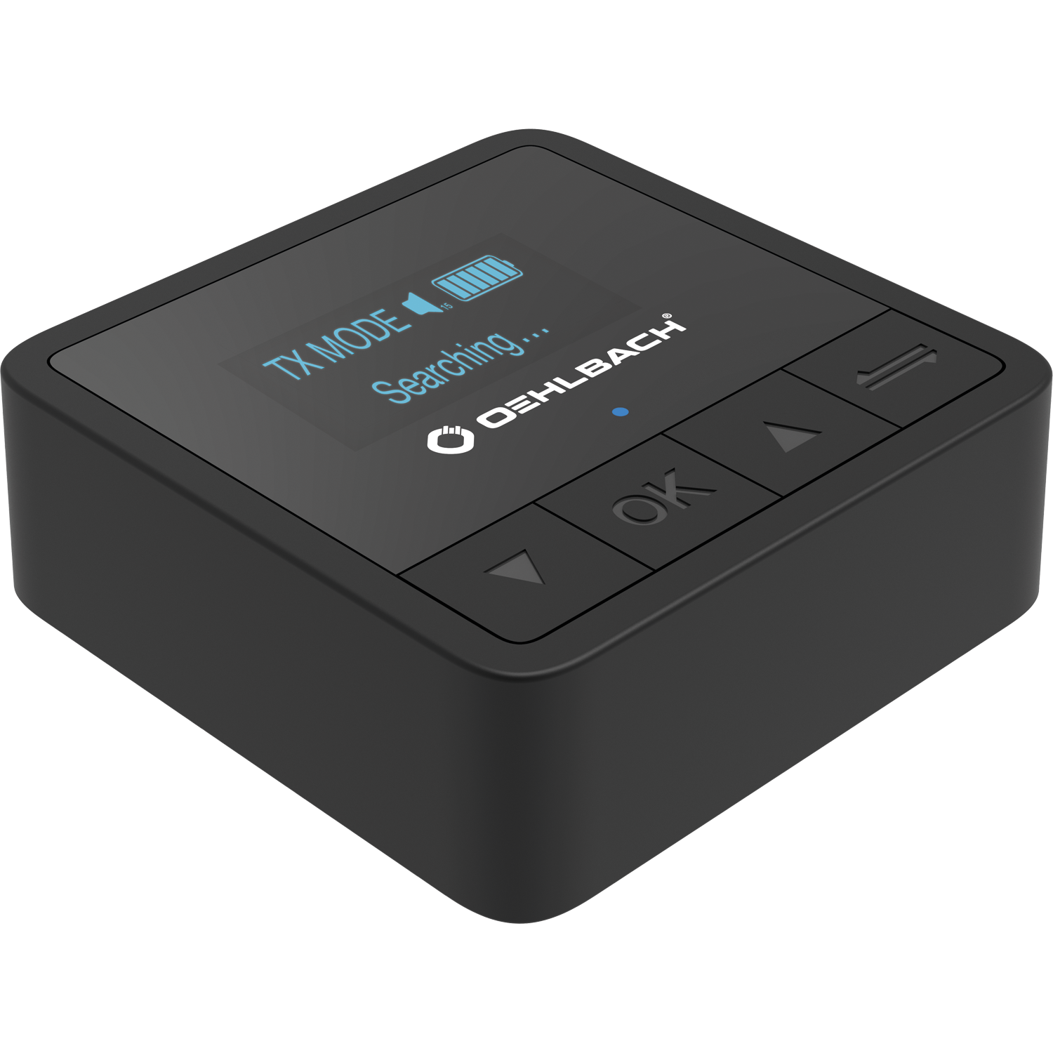 Bluetooth Transmitter Receiver Oehlbach schwarz rechteckig LED-Anzeige vorne USB-Anschluss links RCA-Kabel rechts