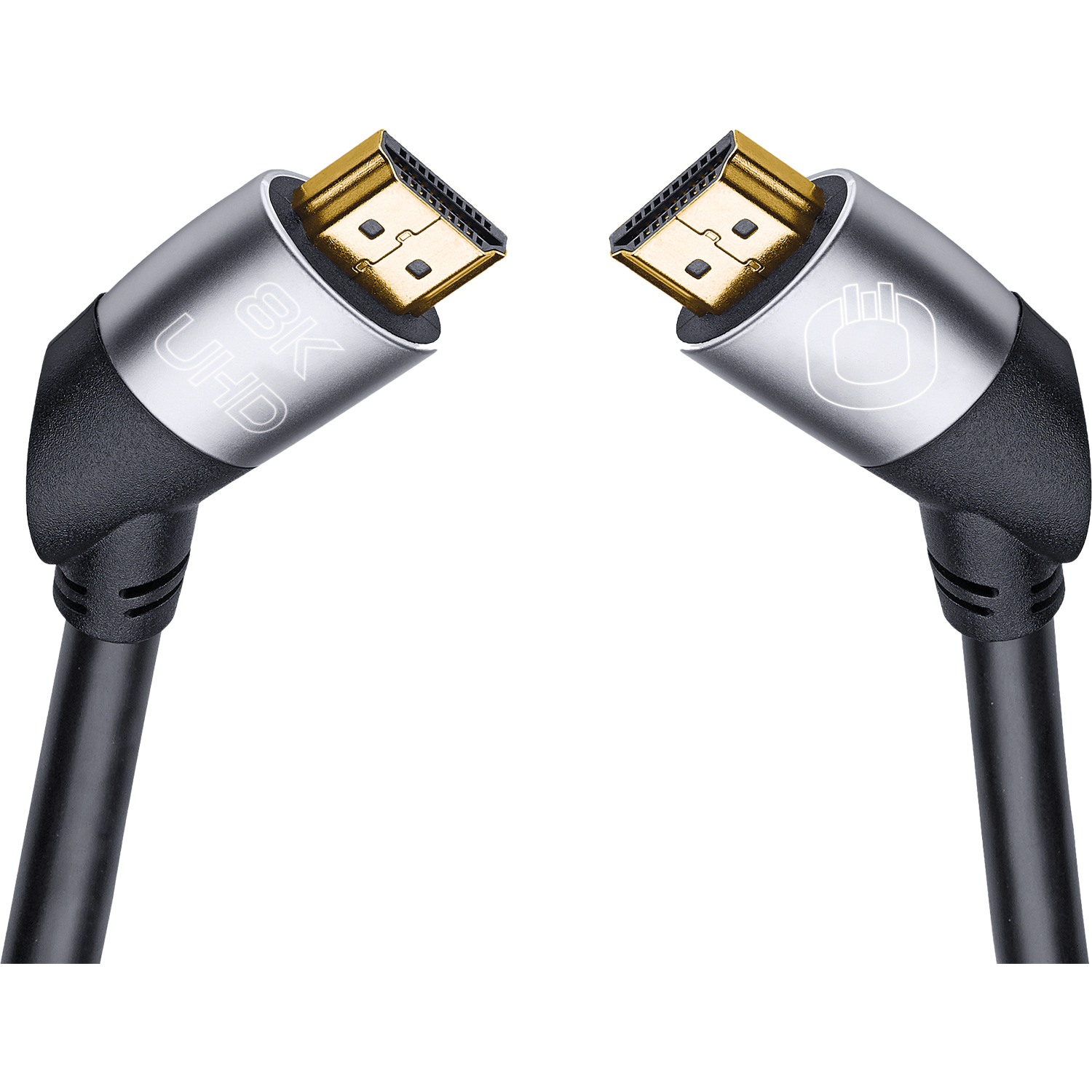 HDMI-Kabel mit Aufschrift 8K Ultra High-Speed Oehlbach schwarzes Kabel mit goldfarbenen Steckern auf weißem Hintergrund