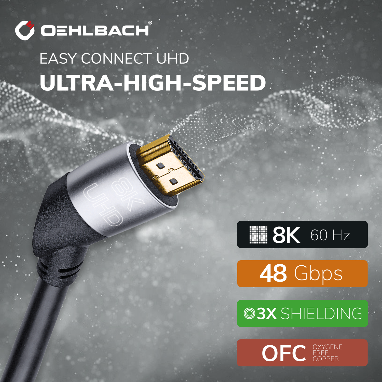 8K Ultra High-Speed HDMI-Kabel Oehlbach in Nahaufnahme mit goldenen Steckverbindern und schwarzem Kabelmantel