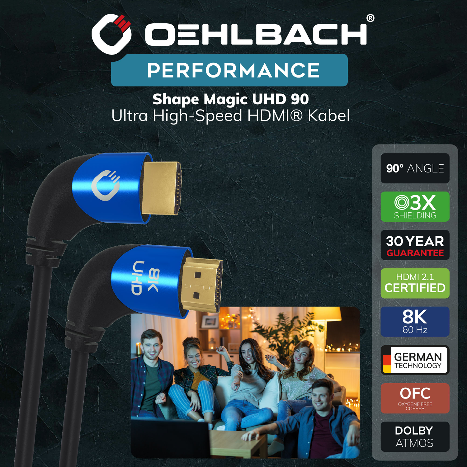 Shape Magic UHD 90 Ultra-High-Speed HDMI Kabel HDMI-Kabel mit Aufschrift Ultra High Speed Oehlbach in Nahaufnahme schwarzes Kabel mit goldenen Steckern vor weißem Hintergrund