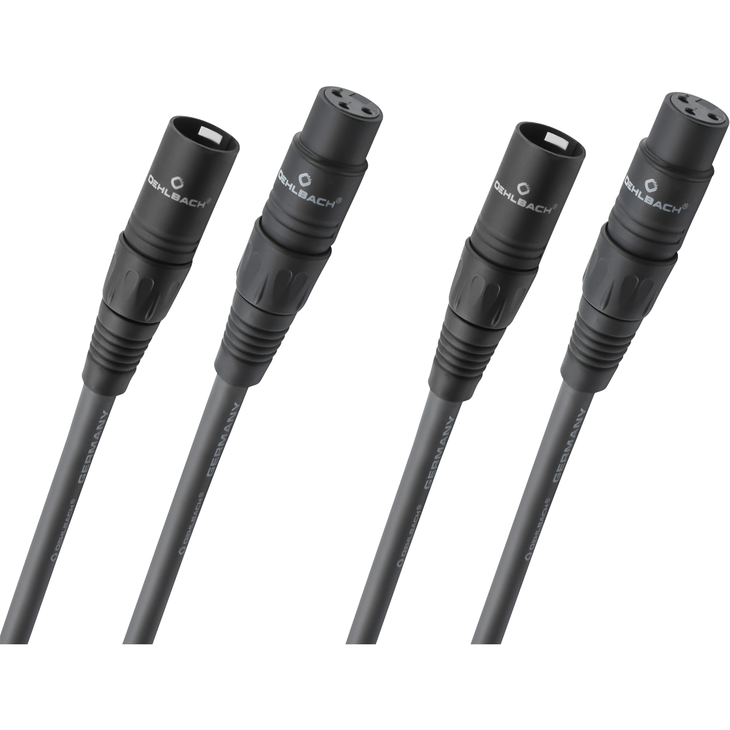 NF Audio-Kabel mit XLR-Stecker Oehlbach Aufschrift Master links schwarzes Kabel mit silbernen Anschlüssen auf grauem Hintergrund