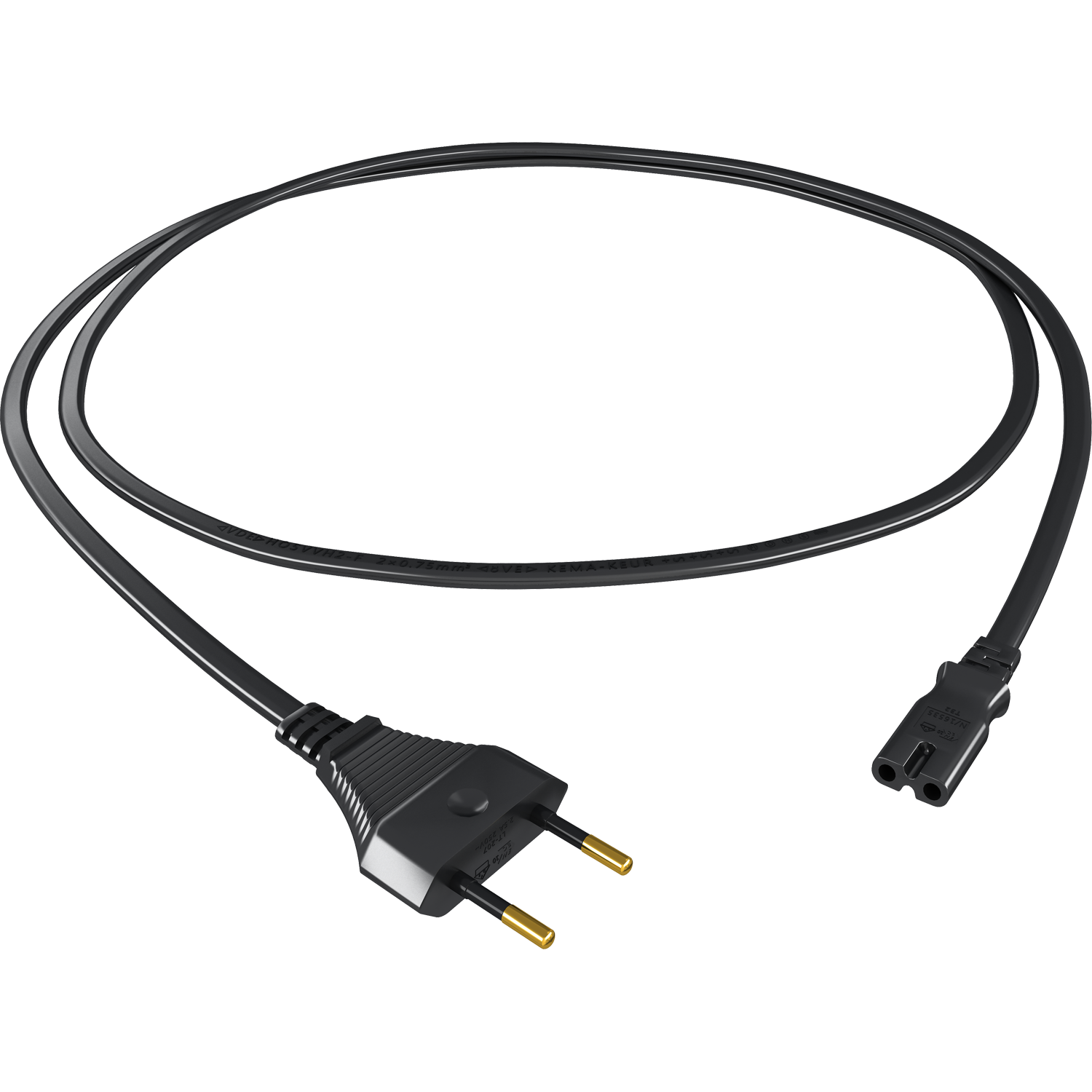 Powercord C7 Wertiges Netzkabel mit Euro-Flachstecker Netzkabel schwarz mit Euro-Flachstecker links und C7-Buchse rechts vor weißem Hintergrund