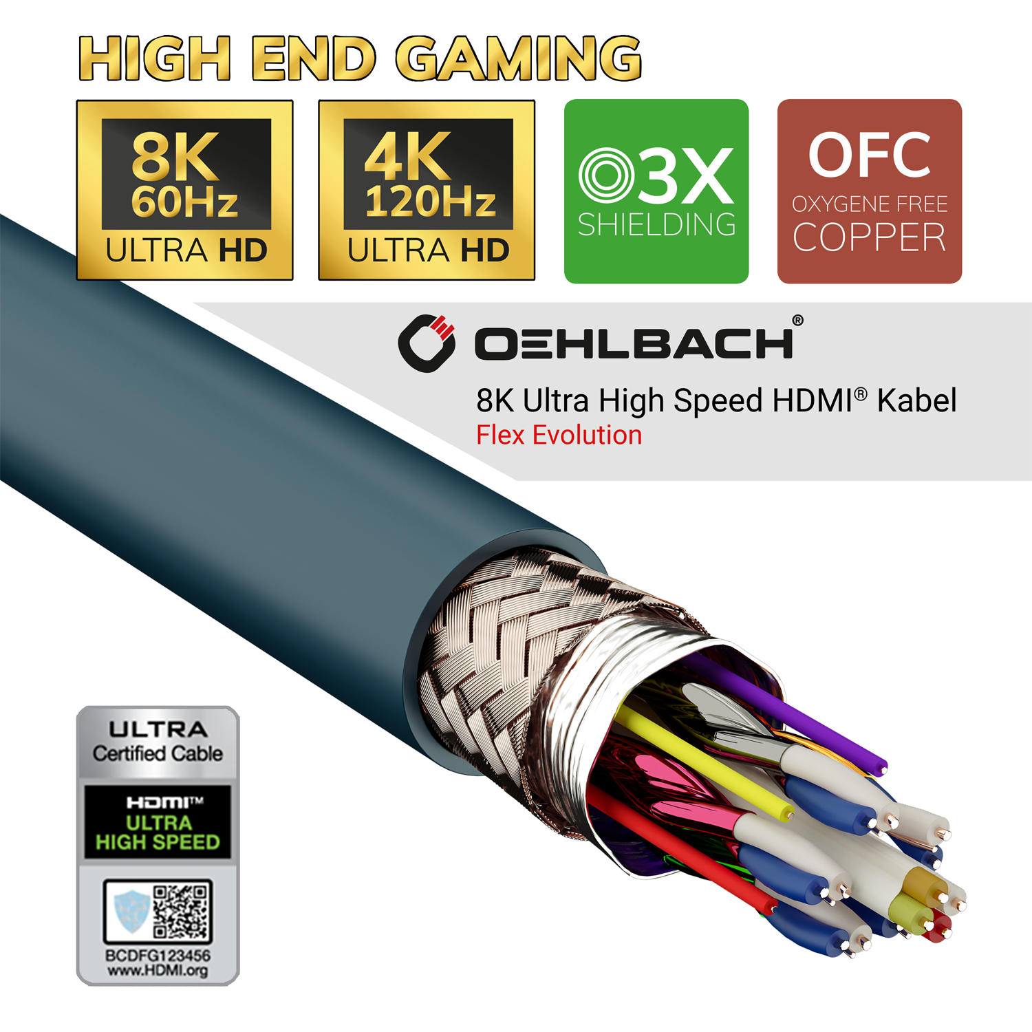 Bild zeigt schwarzes HDMI-Kabel mit goldenen Steckern Schriftzug Oehlbach 8K Ultra High-Speed HDMI auf Kabelmantel erkennbar