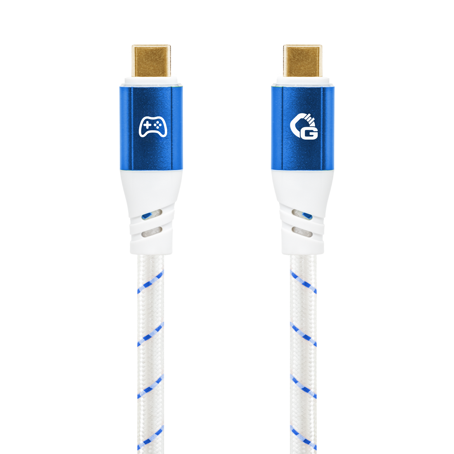USB-C- auf USB-C-Kabel mit blauen Steckern, Symbolen für Gaming