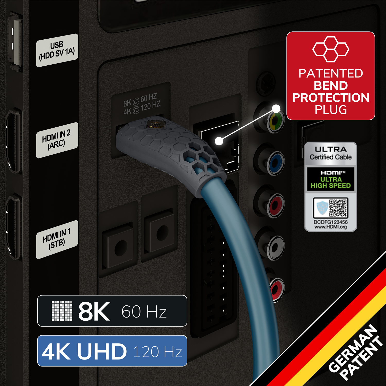 Flex Evolution 8K - Ultra High-Speed HDMI Kabel 8K Ultra High-Speed HDMI Kabel mit goldenen Steckern und Aufschrift Oehlbach auf schwarzem Kabelhintergrund