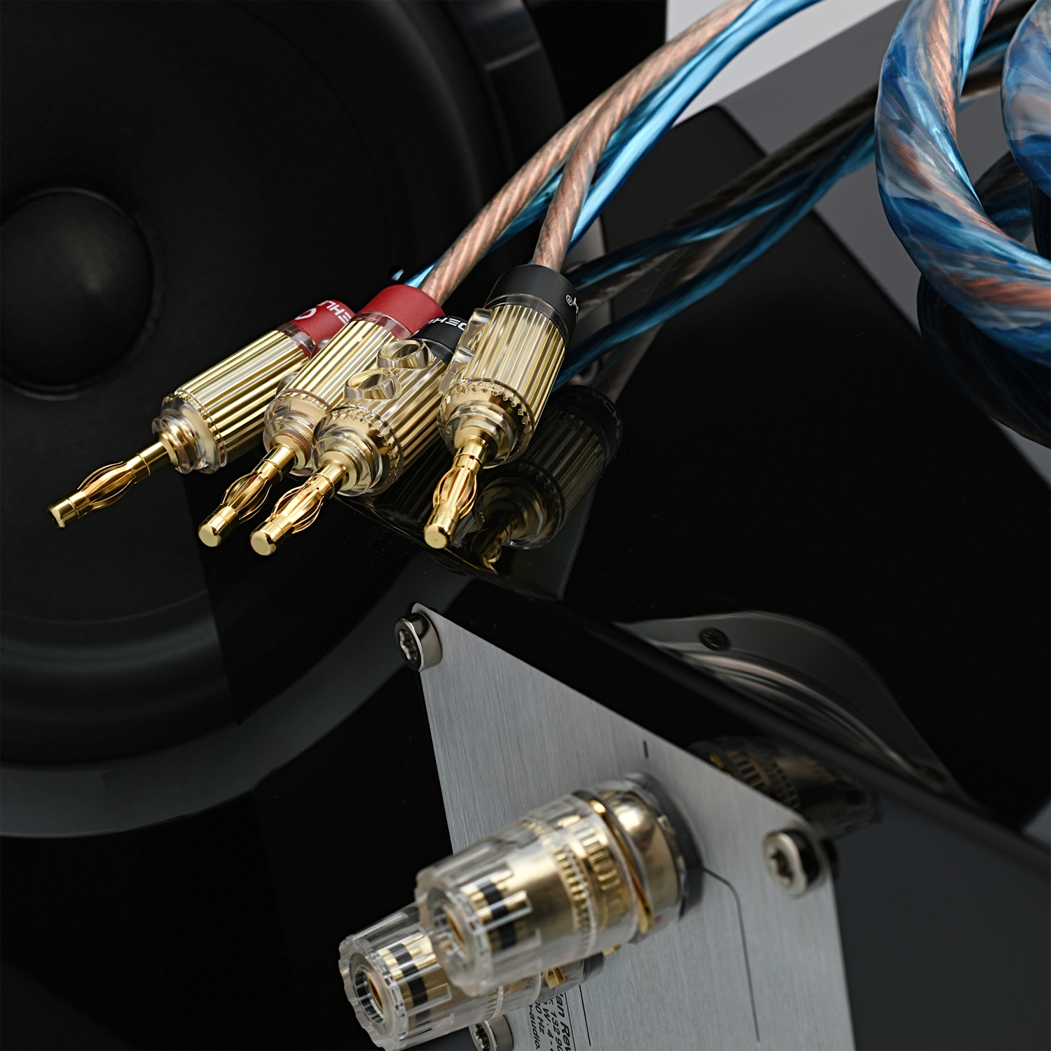 Bi-Tech 4.4 B Exellentes Lautsprecherkabel-Set mit Bananenstecker Zwei rote und zwei schwarze Lautsprecherkabel mit goldenen Bananensteckern auf weißem Hintergrund