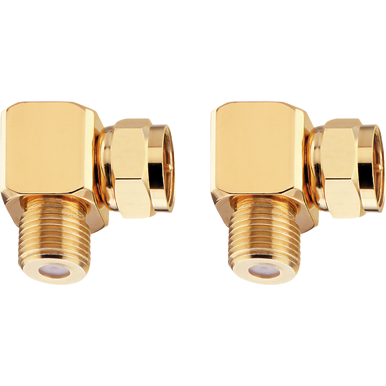 Winkeladapter F-Stecker goldfarben rechteckige Metallfassung mit Innengewinde rechts daneben Oehlbach Logo oben links