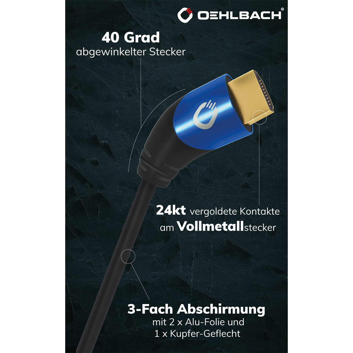 Shape Magic UHD 40 Ultra High-Speed HDMI Kabel Ultra High-Speed HDMI Kabel mit goldenen Steckern und schwarzer Ummantelung vor weißem Hintergrund Oehlbach-Logo oben links