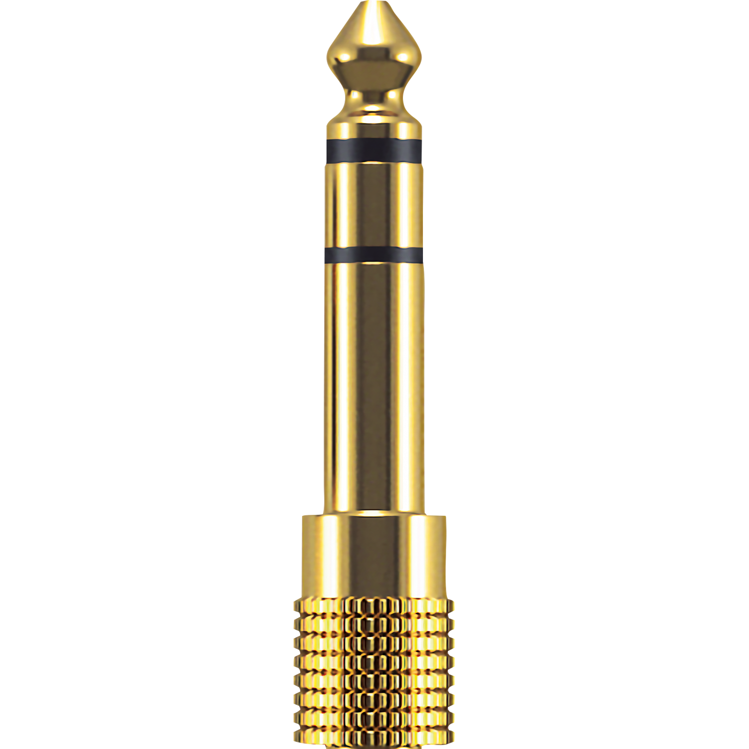Mobiler Klinke-Adapter Oehlbach goldene Buchse links schwarzer Stecker rechts silbernes Gehäuse mittig auf weißem Hintergrund