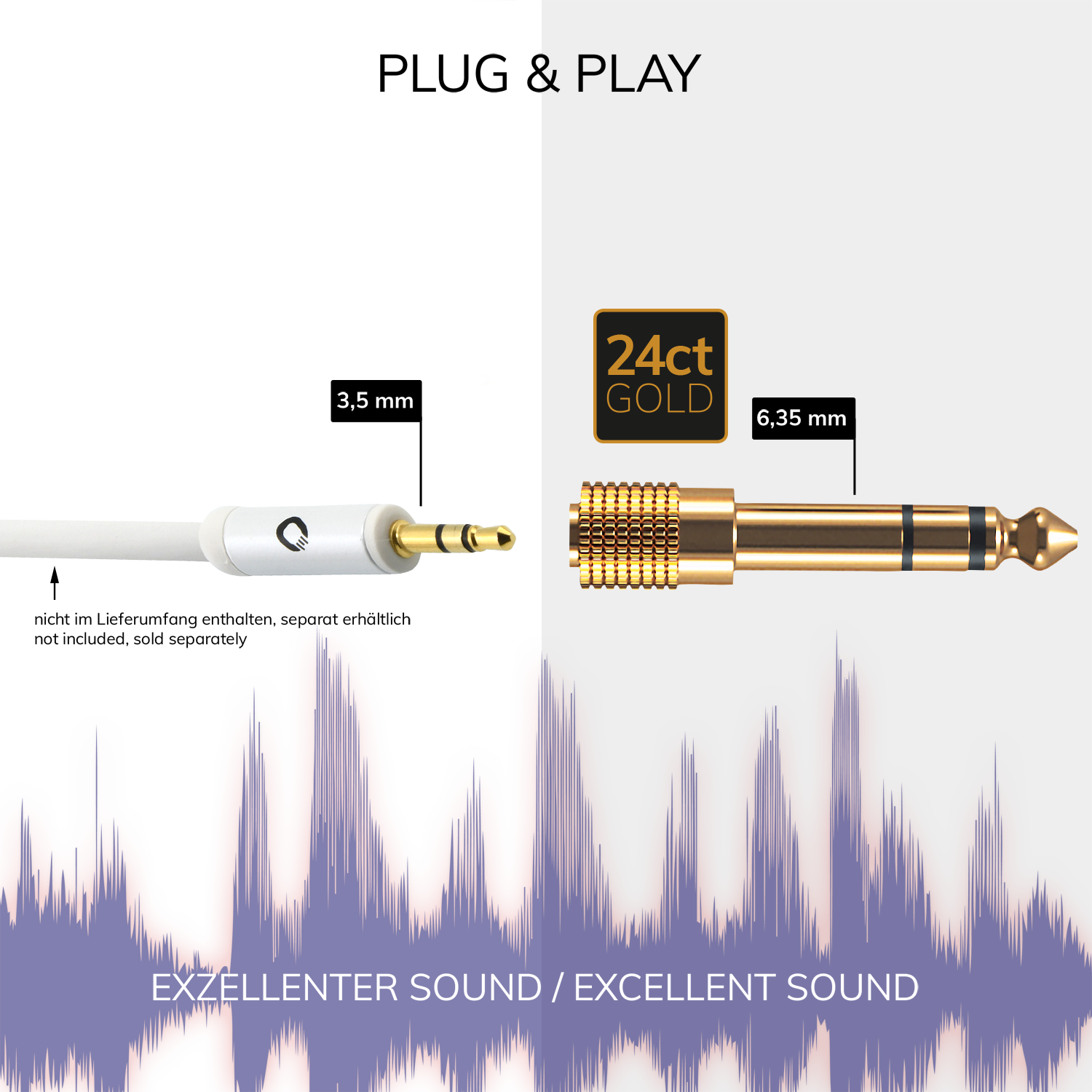 i-Jack AD 35-63 Mobiler Klinke-Adapter Mobiler Klinke-Adapter Oehlbach schwarz mit goldfarbenen Steckern auf weißem Hintergrund