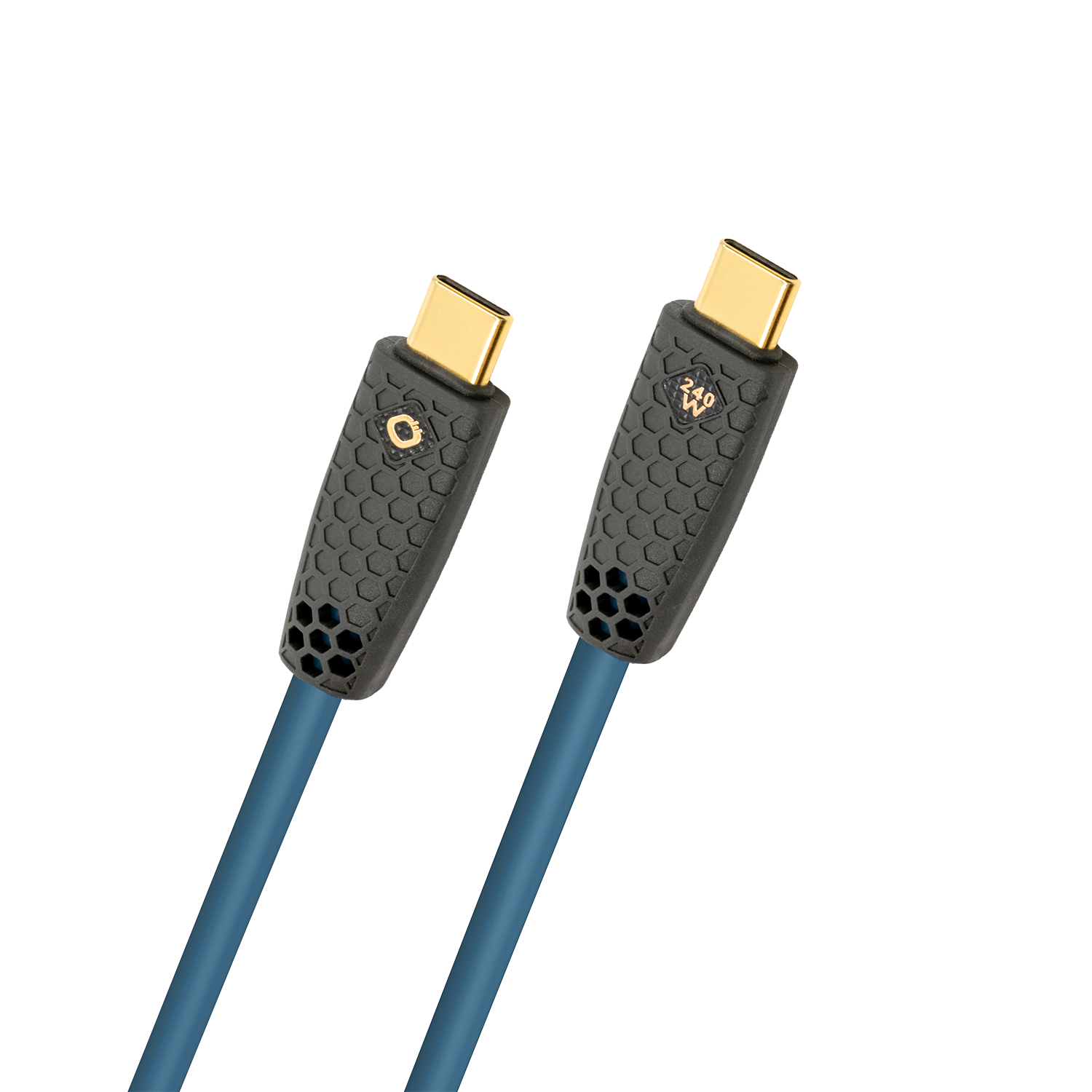 USB TYPE-C Ladekabel Oehlbach auf grauem Hintergrund mit goldenen Steckern links und rechts in Nahaufnahme