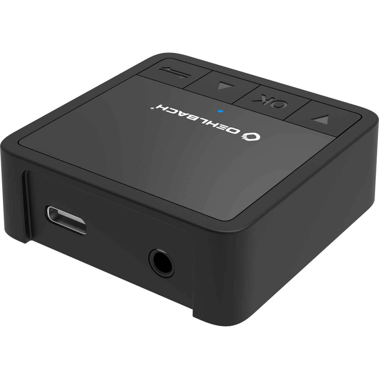 Bluetooth Transmitter Receiver Oehlbach schwarz kompakt LED-Anzeige Kabelanschluss links Oehlbach-Logo oben links