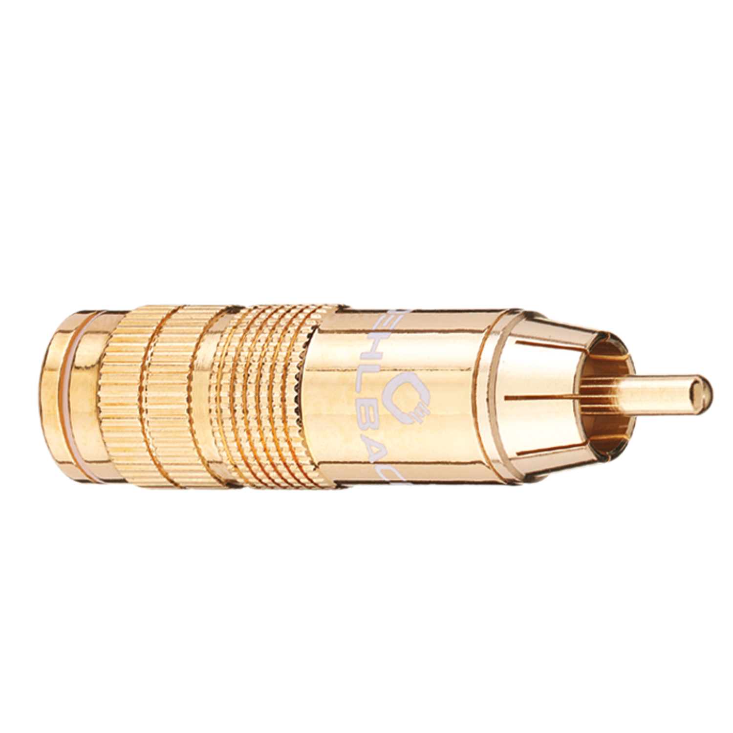 CJG 66 Cinch Stecker Cinch Stecker Oehlbach weiß rechte Seite mit schwarzem Ring und goldener Spitze auf weißem Hintergrund