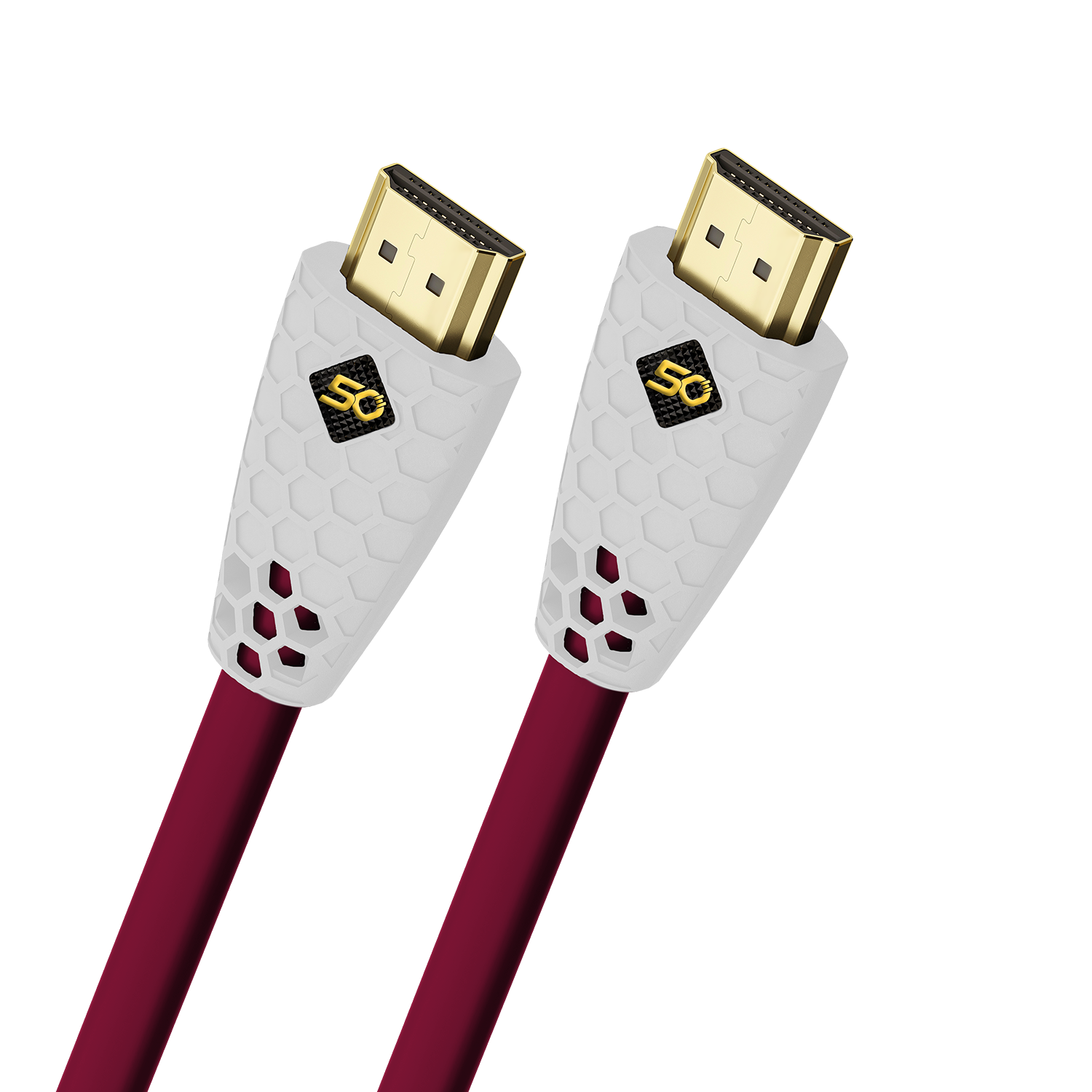 HDMI-Kabel mit Aufschrift Ultra High Speed Oehlbach Stecker goldfarben schwarzes Kabel vor grauem Hintergrund