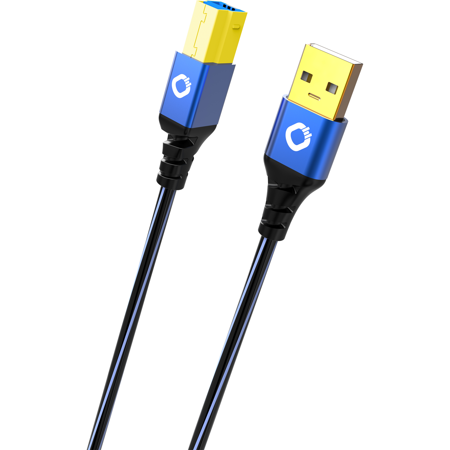 USB 3.2 Gen 2 Kabel Typ A zu Typ B schwarz mit grauen Steckern Oehlbach Logo auf Kabelmantel.