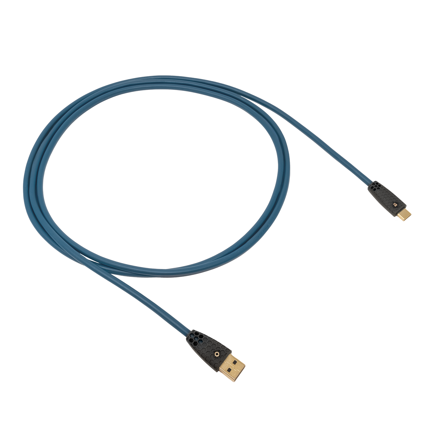 Ganzansicht USB-C-Kabel mit blauer Ummantelung und goldenen Steckern