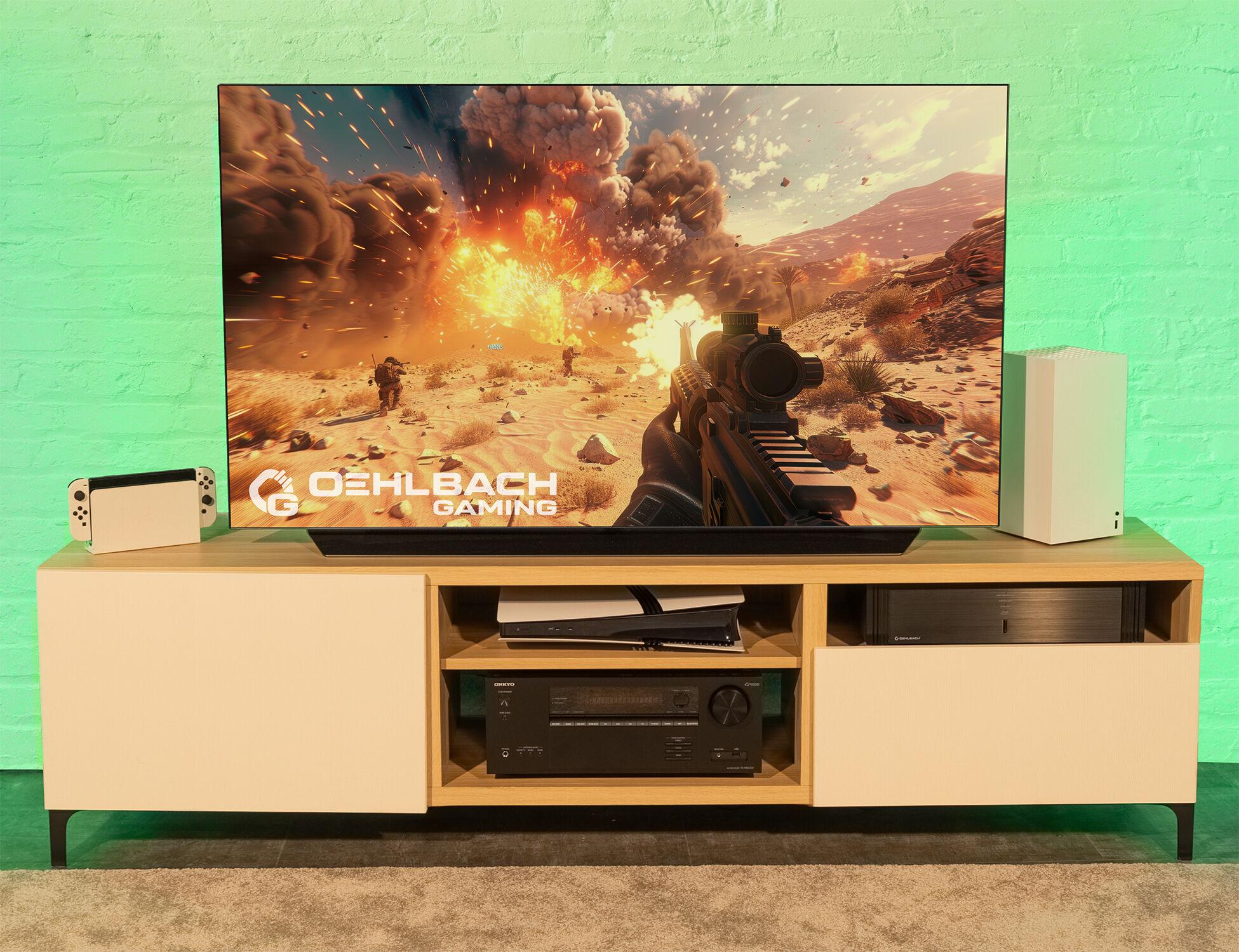 Ultra High Speed HDMI Kabel grün-schwarz Oehlbach-Logo oben links Text New Game Green ab 02 Kabel zeigt nach rechts